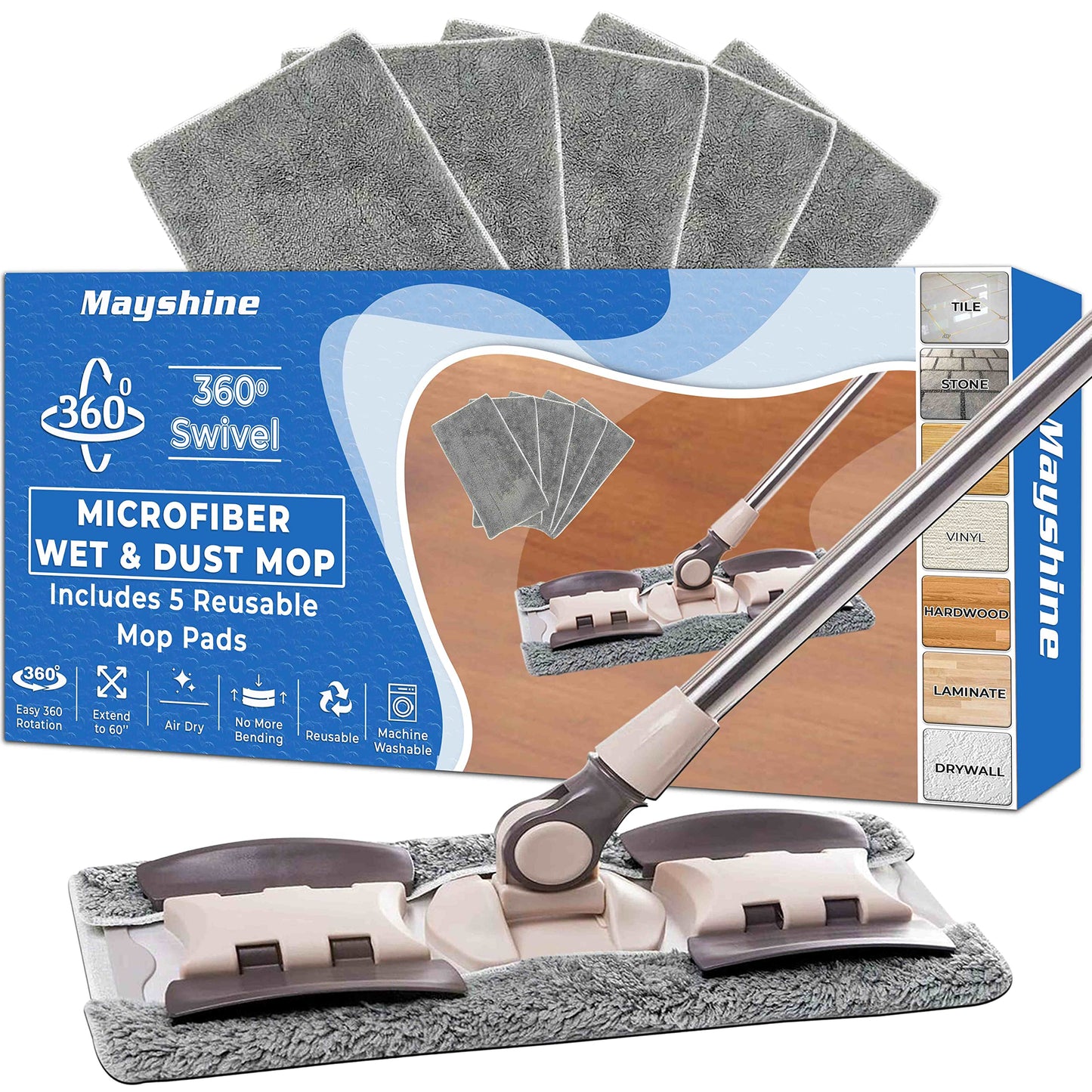 MAYSHINE Microfiber Hardwood Floor Wet and Dry Dust Mop w/ 5 Reusable Pads, 360 Spin Mop System | Use on Wood, Tile, Laminate, Vinyl and More | Flat