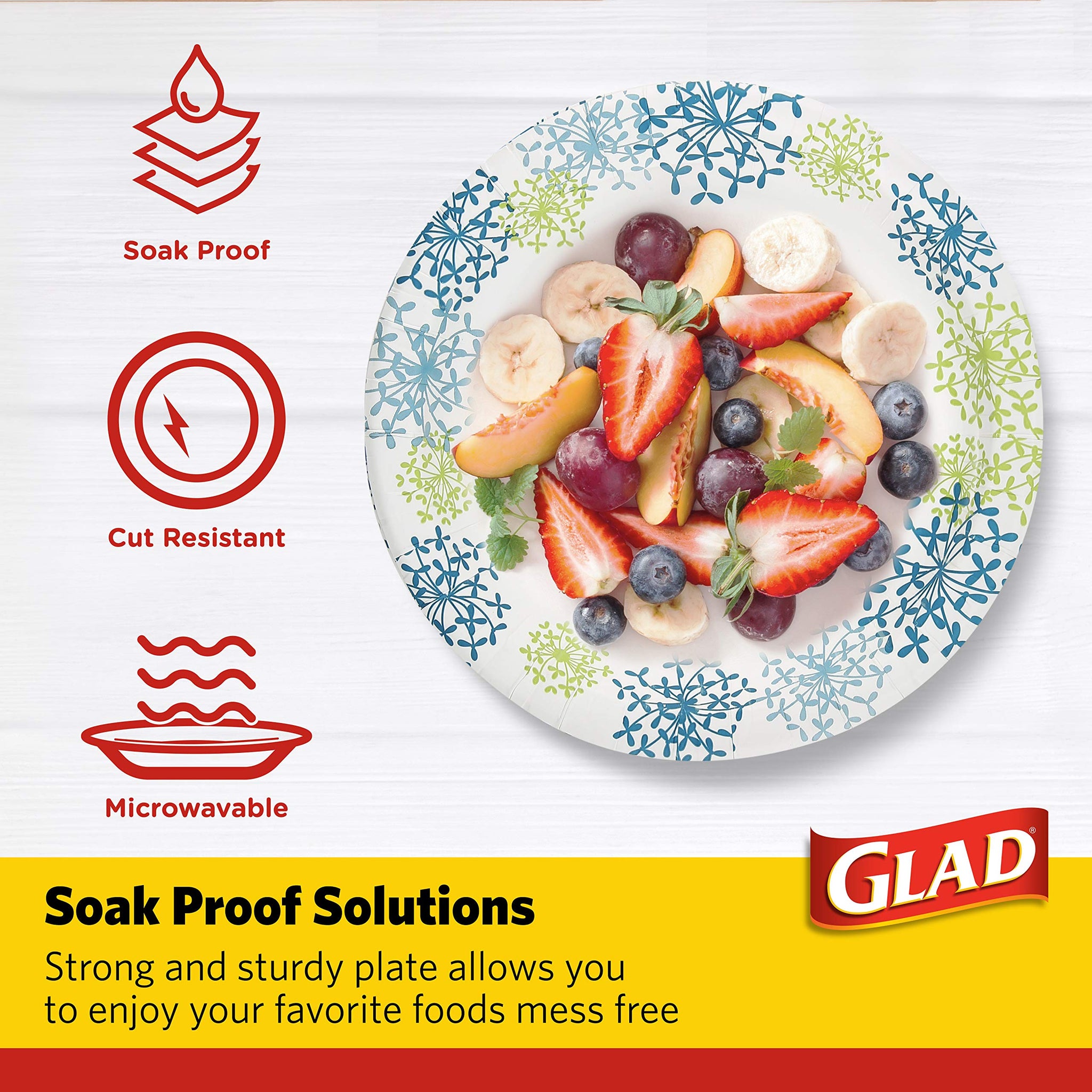 Glad Everyday Round Paper Plates, Blue Hydrangea Print Disposable Dinner Plates for Meals and Parties, Soak Proof and Cut Resistant, Microwave Safe