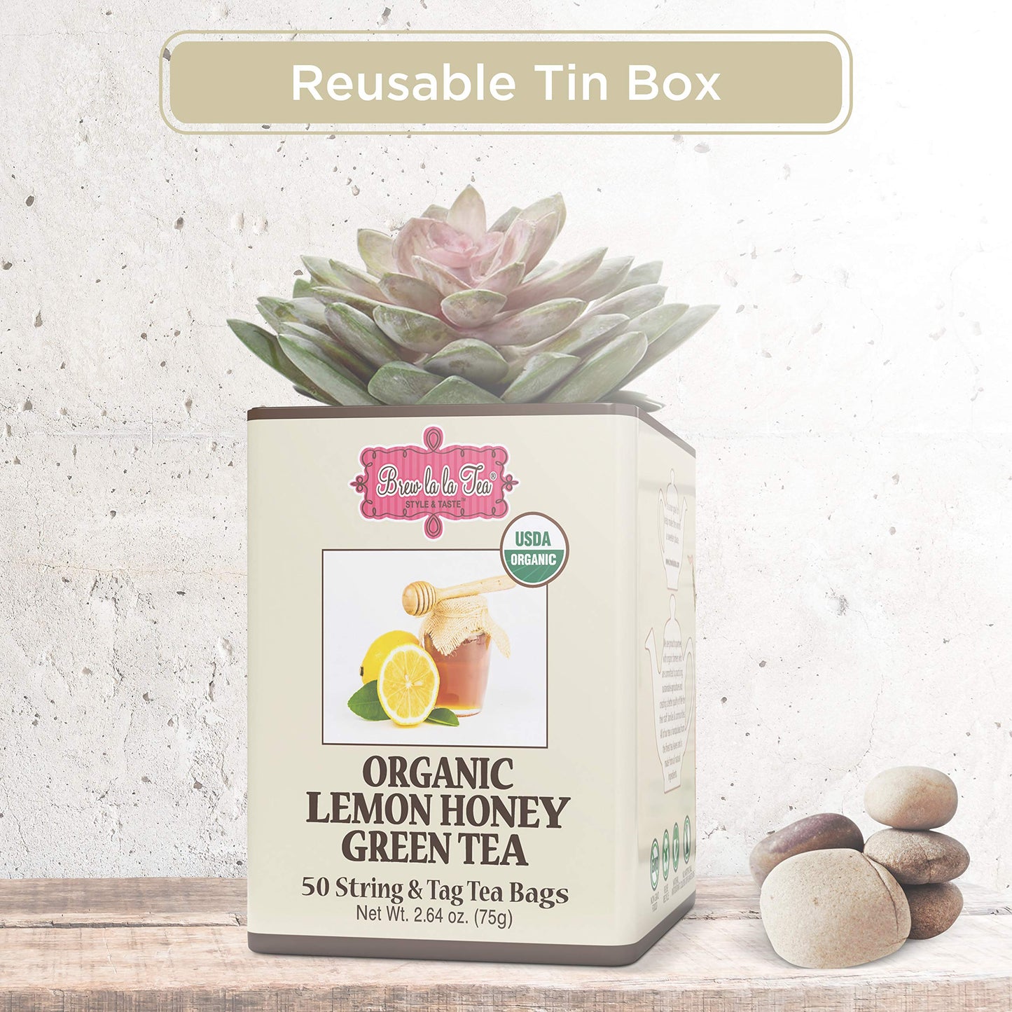 Brew La La Organic Green Tea -Lemon Honey Flavor - 50 Double Chambered Teabags - Low Caffeine - USDA Certified Organic