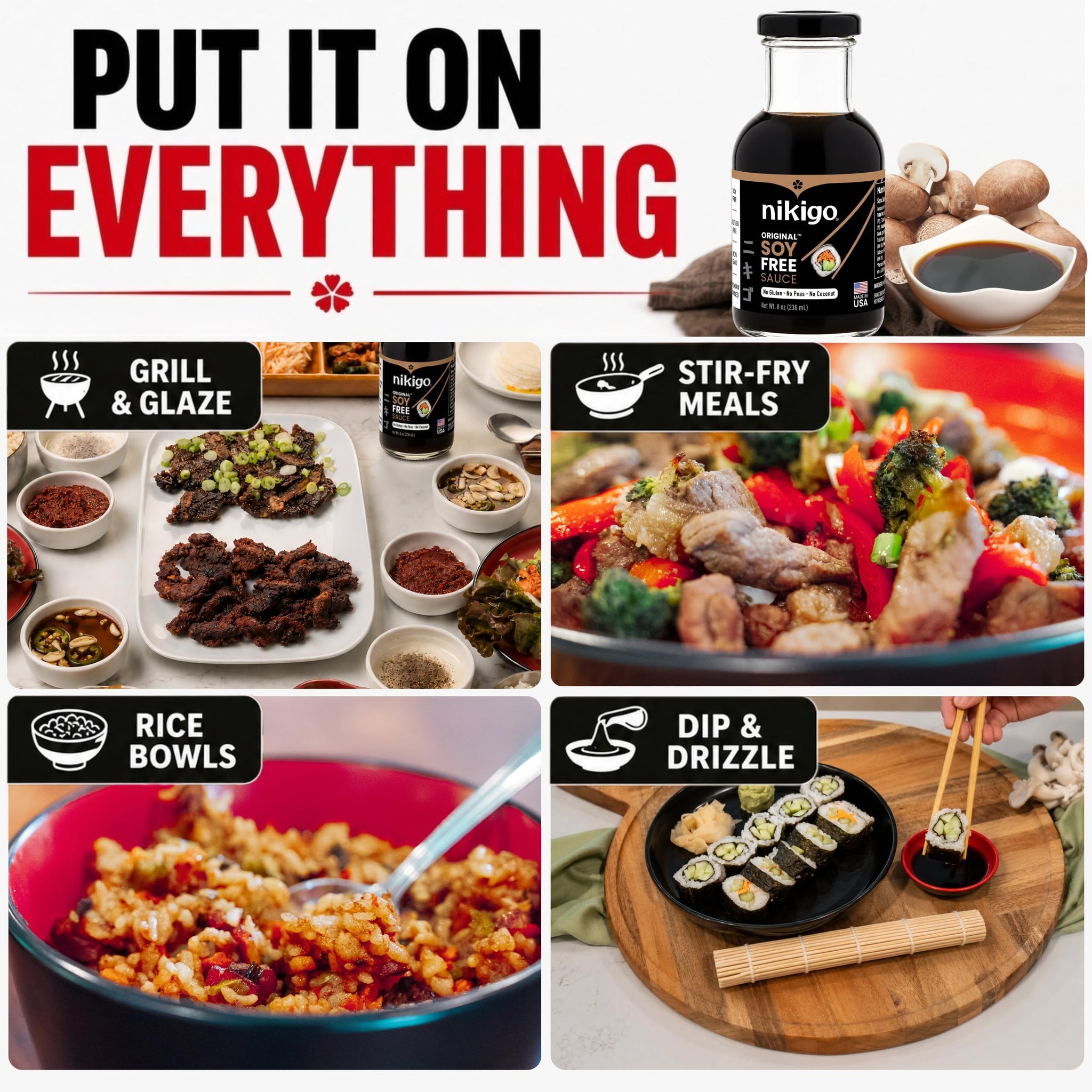 NIKIGO Original Soy Free Sauce - Premium Soy Sauce Replacement, Allergen-Friendly, Made with 3 Simple & Clean Ingredients, Mushrooms, Sea Salt, Water