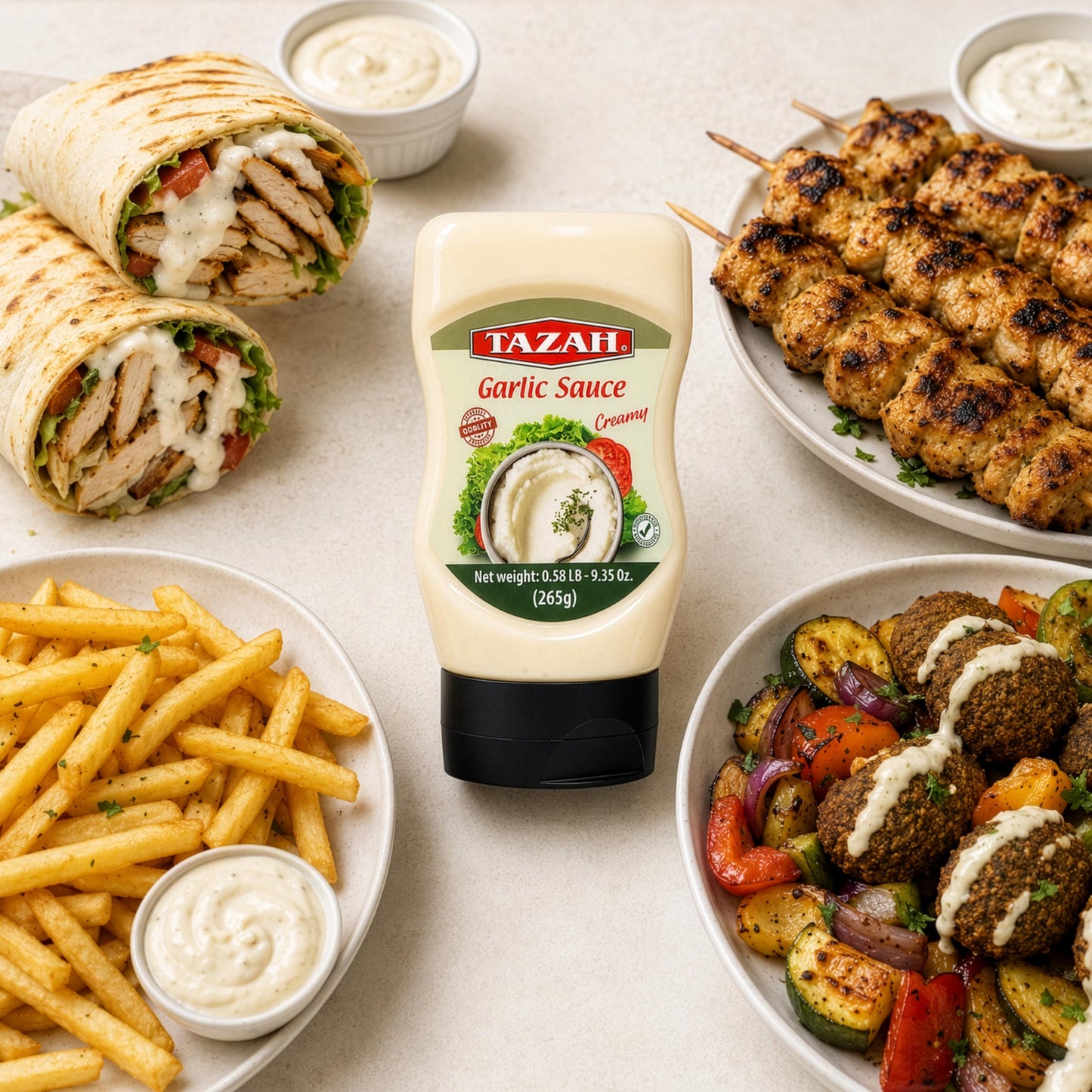 Tazah Lebanese Garlic Sauce 9.34 Fl Oz Squeezable Bottle Authentic Middle Eastern Creamy Garlic Dressing Great for Shawarma Falafel & More (??? Toum)