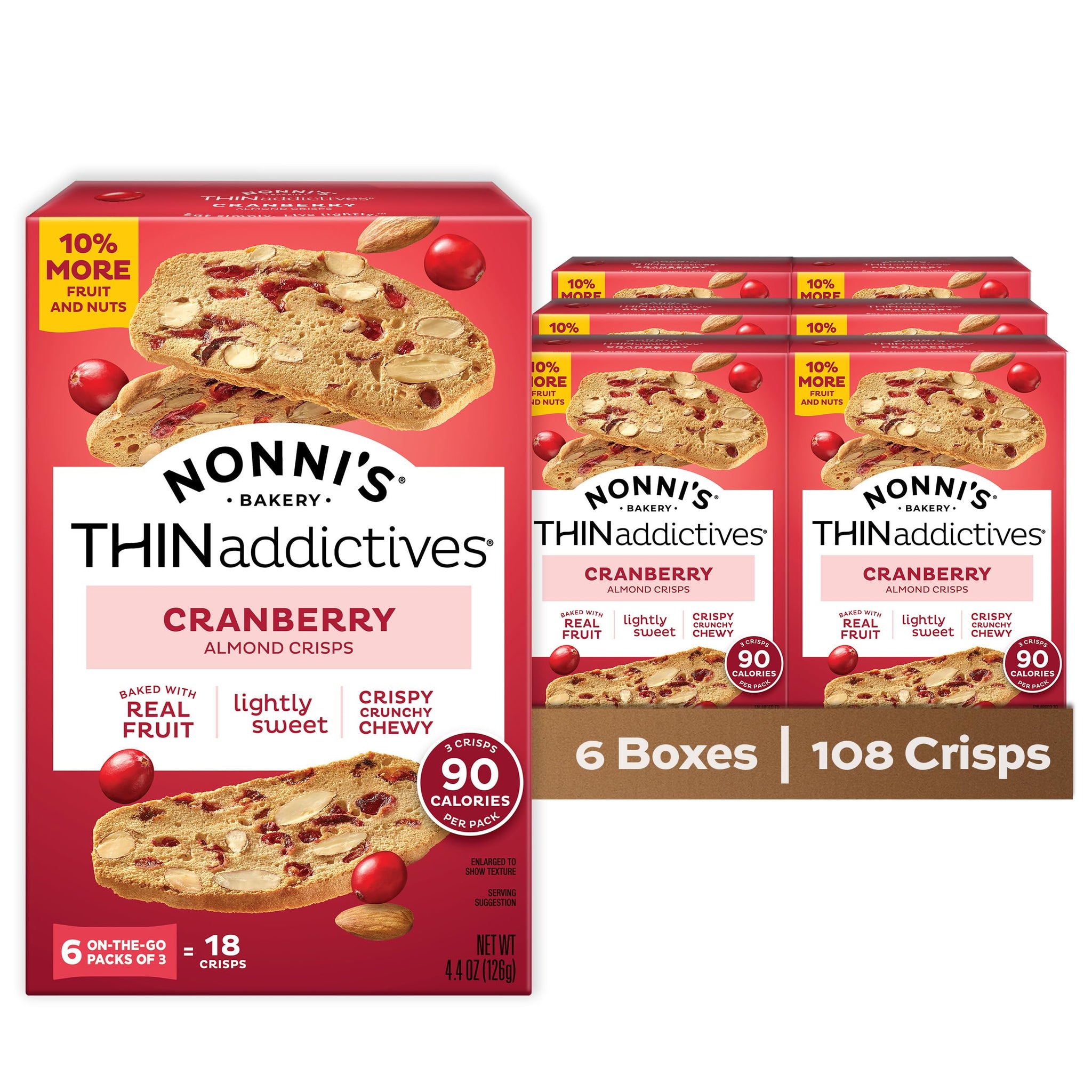 Nonni's THINaddictives Cranberry Almond Nut Cookies with Real Fruit, Sweet Crunchy & Chewy Crisps, 6 Boxes of 6 On-the-Go Packs (108 Cookies Total)
