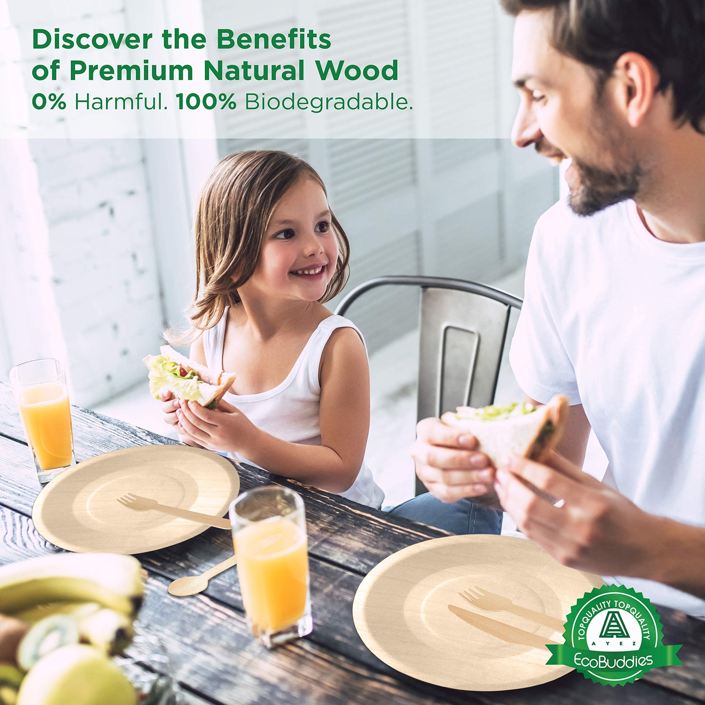 Disposable Wooden Plates Set of 50 - 100% Poplar Wood Dinner & Dessert Plates for Parties, Weddings, Camping - Smooth, Durable, Biodegradable, Dye