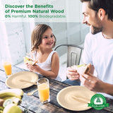 Disposable Wooden Plates Set of 50 - 100% Poplar Wood Dinner & Dessert Plates for Parties, Weddings, Camping - Smooth, Durable, Biodegradable, Dye