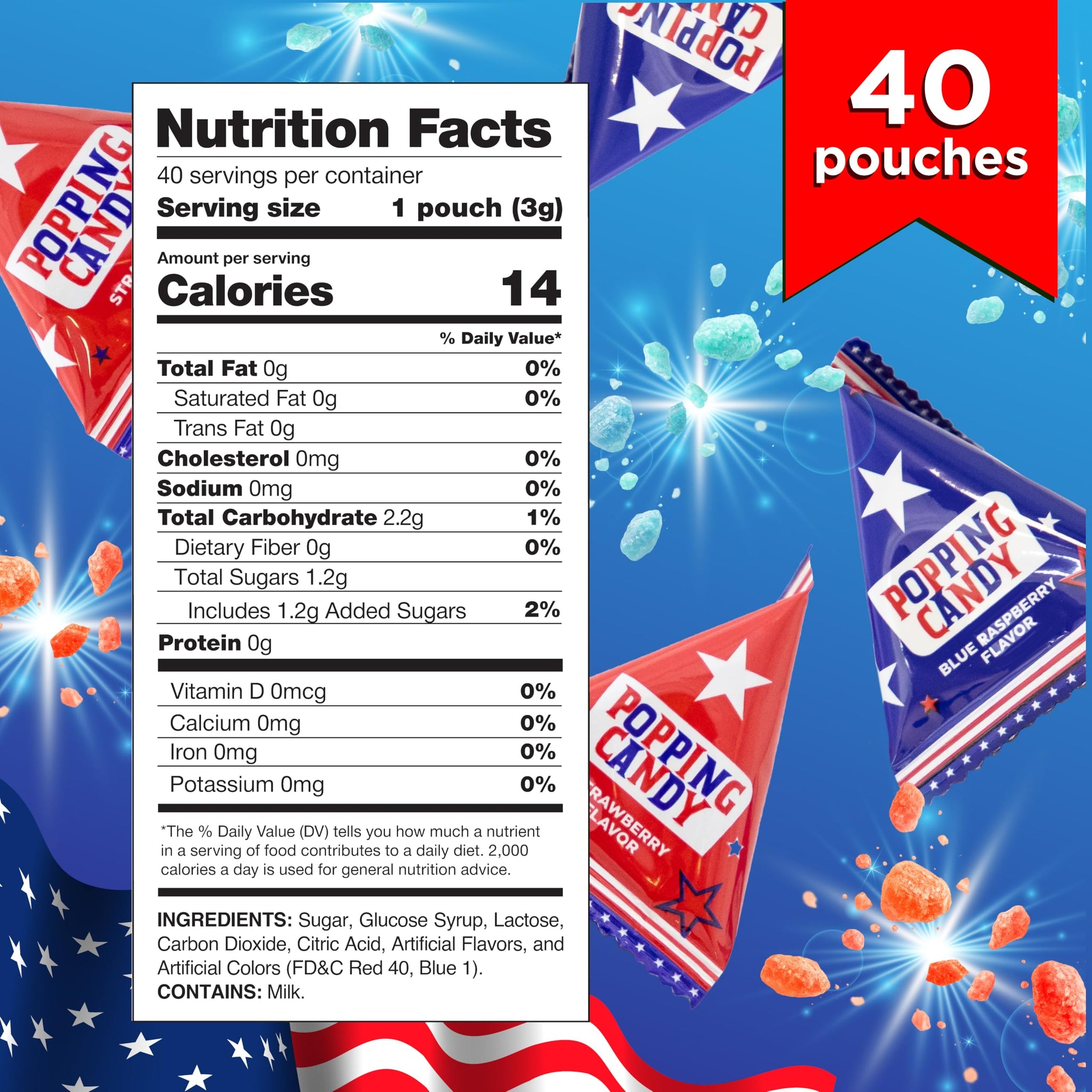 Patriotic Candy - 40 Count Pack - Popping Rocks Pouches - 4th of July Candy - Strawberry and Blue Raspberry Flavors - Individually Wrapped Party
