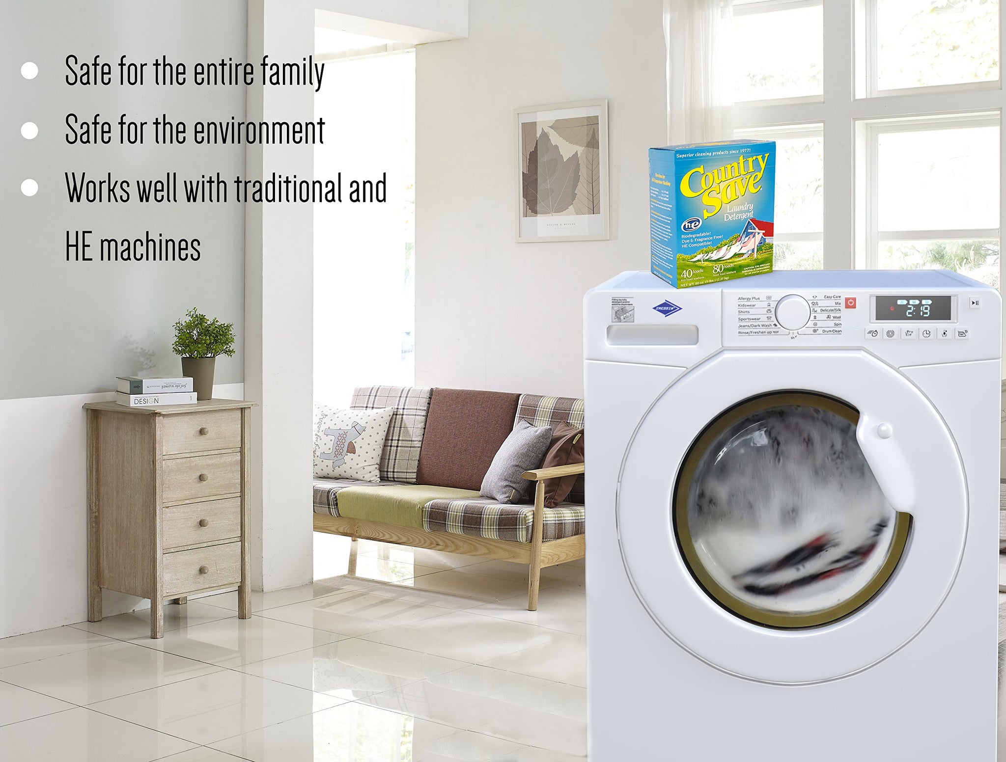 Country Save Laundry Detergent Powder Natural - HE Natural Powdered Laundry Detergent Clear & Free of Chemicals - Sensitive Washing Eco HE Laundry
