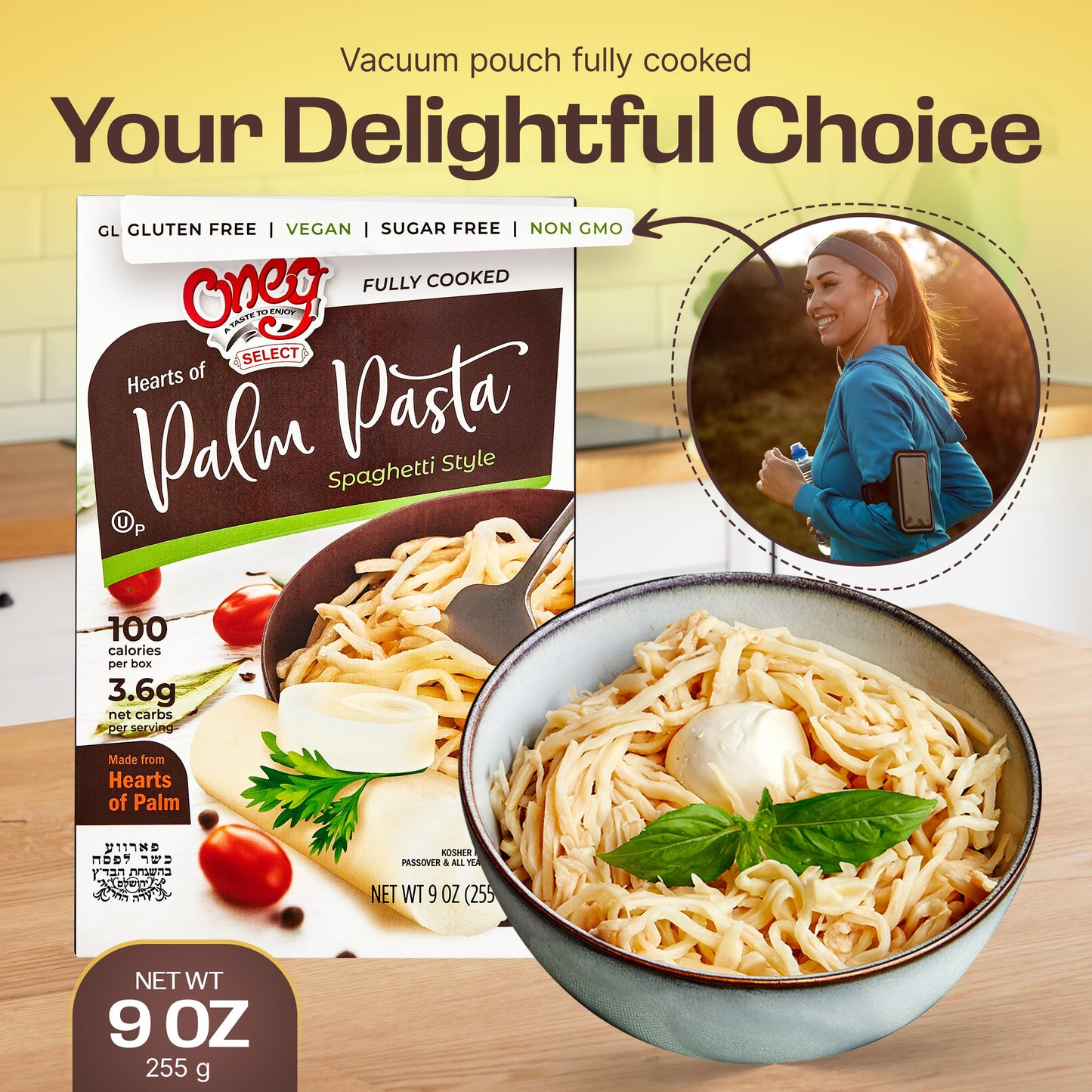 Oneg Hearts of Palm Pasta Spaghetti Noodles - Gluten Free, Fully Cooked Low Carb Spaghetti Noodles, Healthy Pasta Substitute, Non-GMO, Sugar-Free