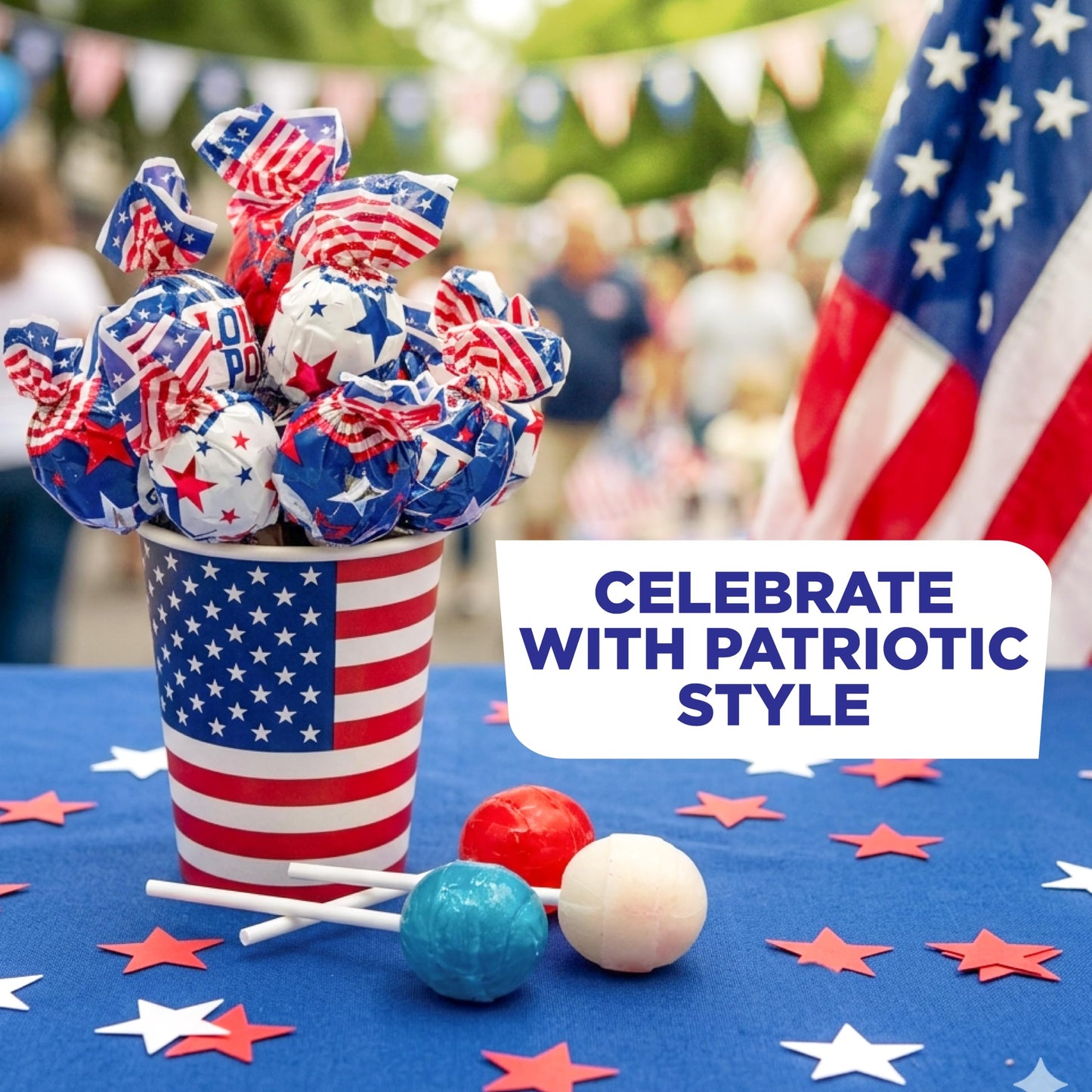 Patriotic Candy - 6 Pound Bulk Pack - 105 Count - 4th of July Lollipops - Red White and Blue Candy - Cherry, Vanilla, Blue Raspberry - Gum Filled Pops