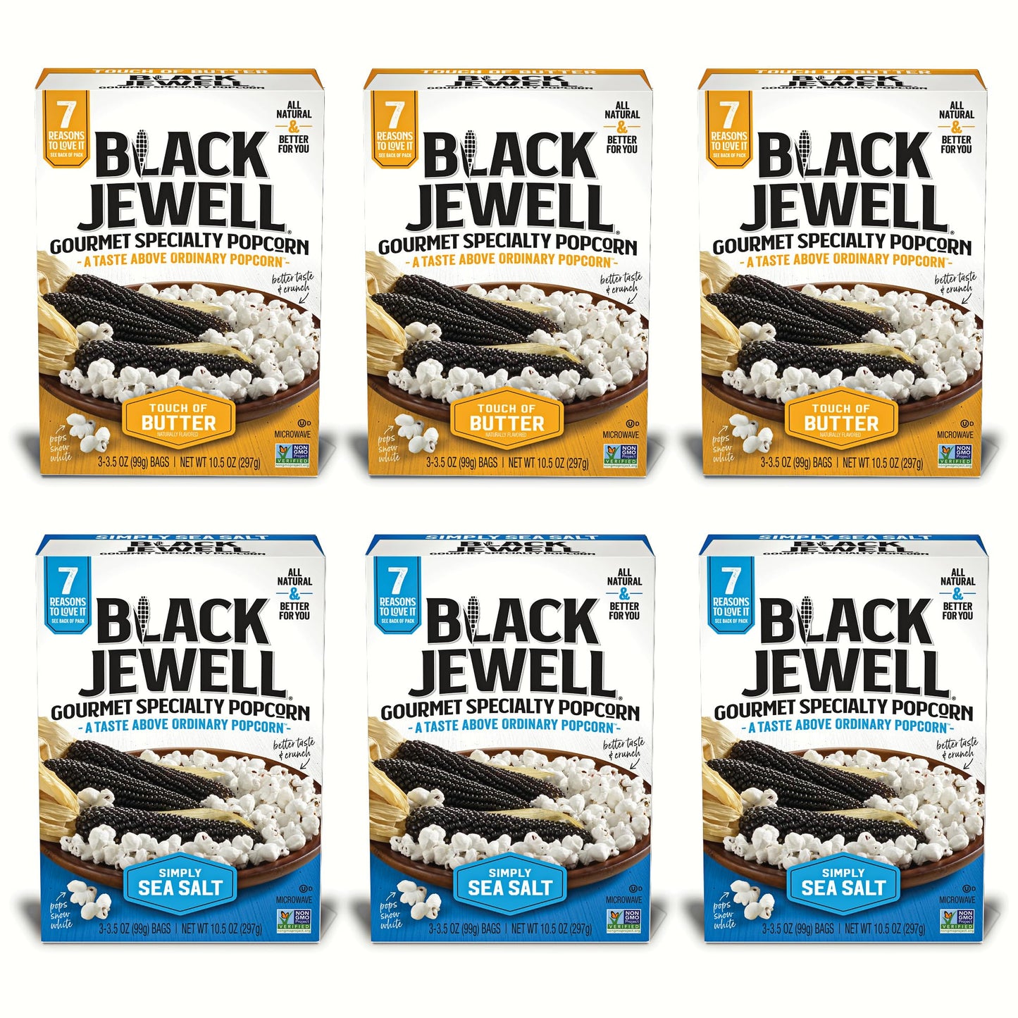Black Jewell Gourmet Microwave Popcorn Variety Pack with Touch of Butter and Simply Sea Salt (Pack of 6)