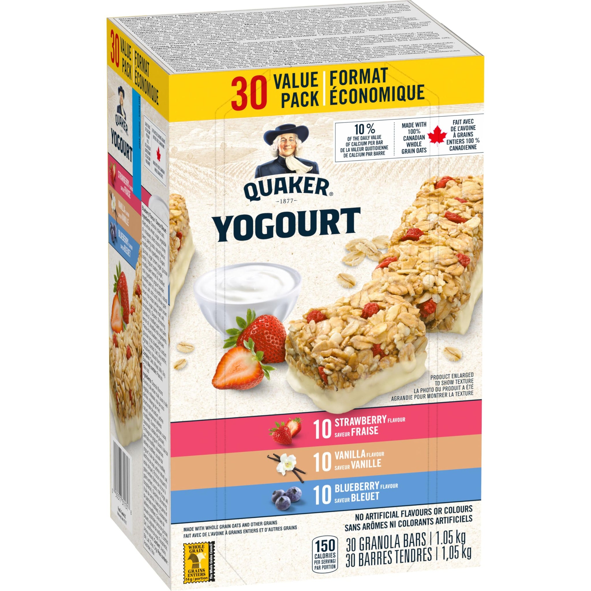 Quaker Yogurt Granola Bars, Strawberry, Vanilla, & Blueberry Variety Pack, 30-count, 1.05kg/2.3 lbs. Box (Imported from Canada)