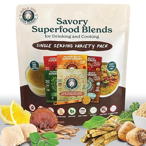 M?la Girl Plant-Based Broth Variety Pack, 6 Single-Serve Vegan Superfood Flavors for Broths, Instant Soup, & Ramen, Gluten Free, Soy Free, No MSG