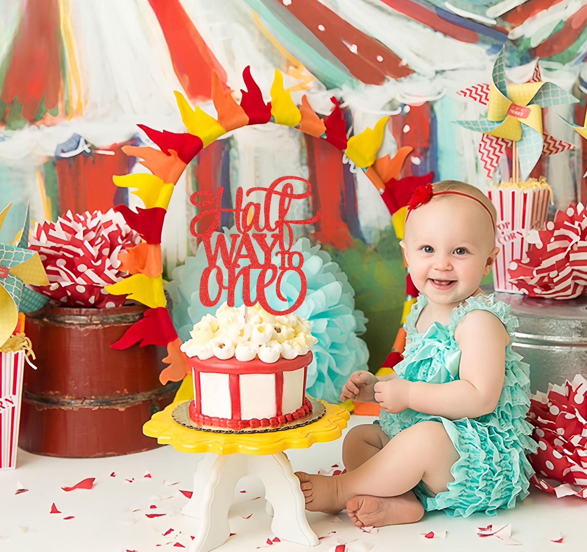 AHAORAY Half Way To One Cake Topper - Red Glitter 6 Months Birthday Decorations Supplies - Half Birthday Decorations Baby Girl, for Baby Shower/Gender