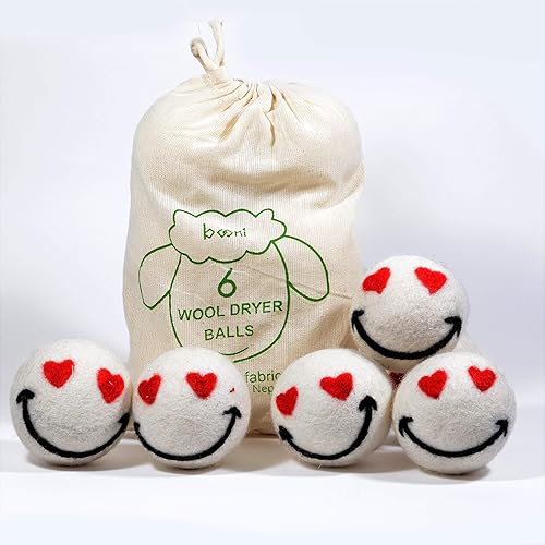 booni - Handmade Natural Wool Dryer Ball - 6 pack XL - (Lavender oil- optional) Reusable Wrinkle free (Heart emoji no oil)
