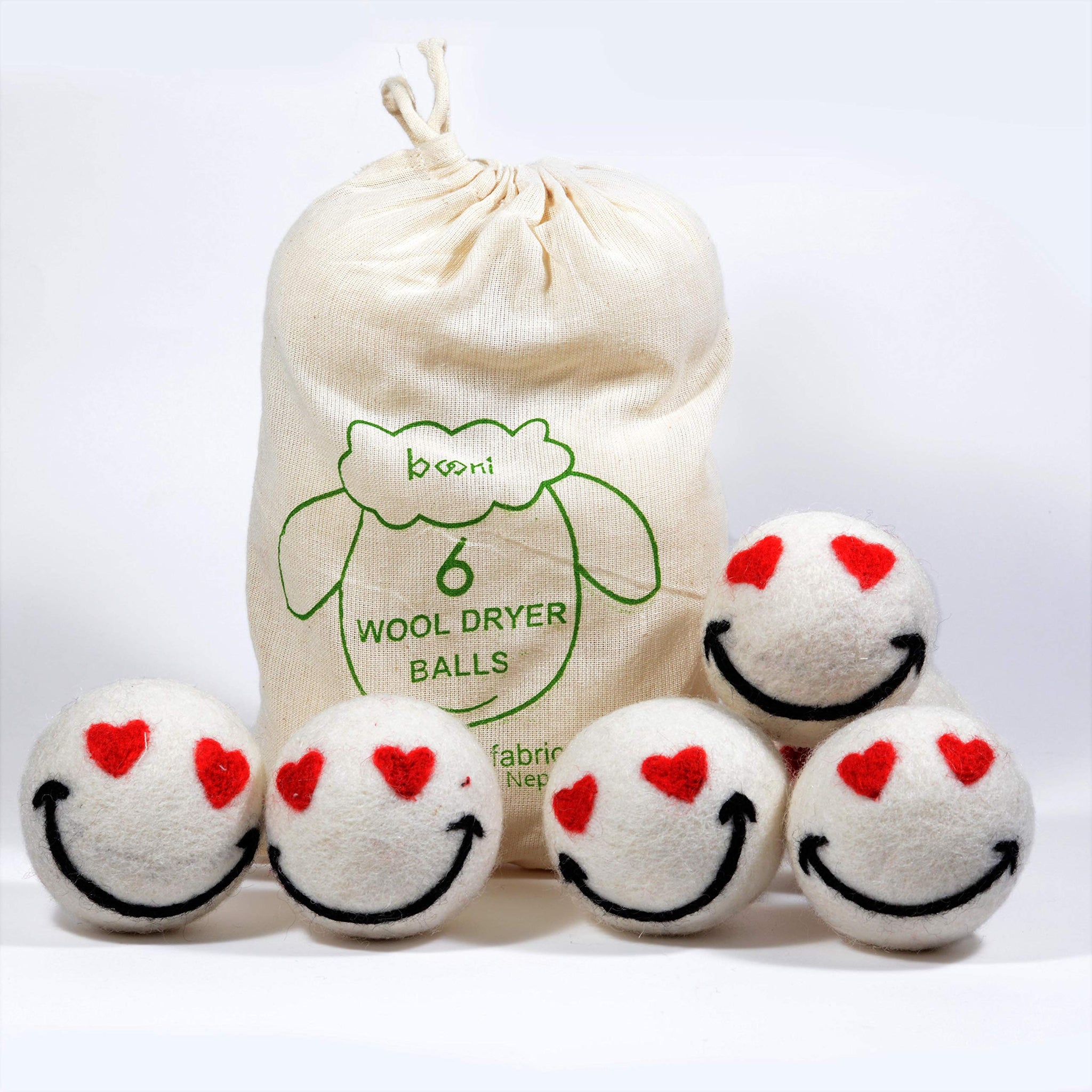 booni - Handmade Natural Wool Dryer Ball - 6 pack XL - (Lavender oil- optional) Reusable Wrinkle free (Heart emoji no oil)
