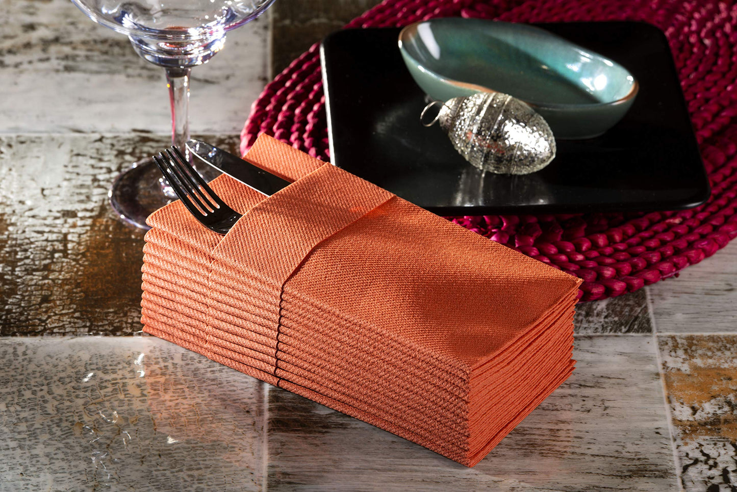 Moyes Home Terracotta Dinner Napkins with Silverware Pocket (50 Pack) - Linen-Feel Disposable Cloth-Like Paper Napkins for Fall Weddings, Thanksgiving