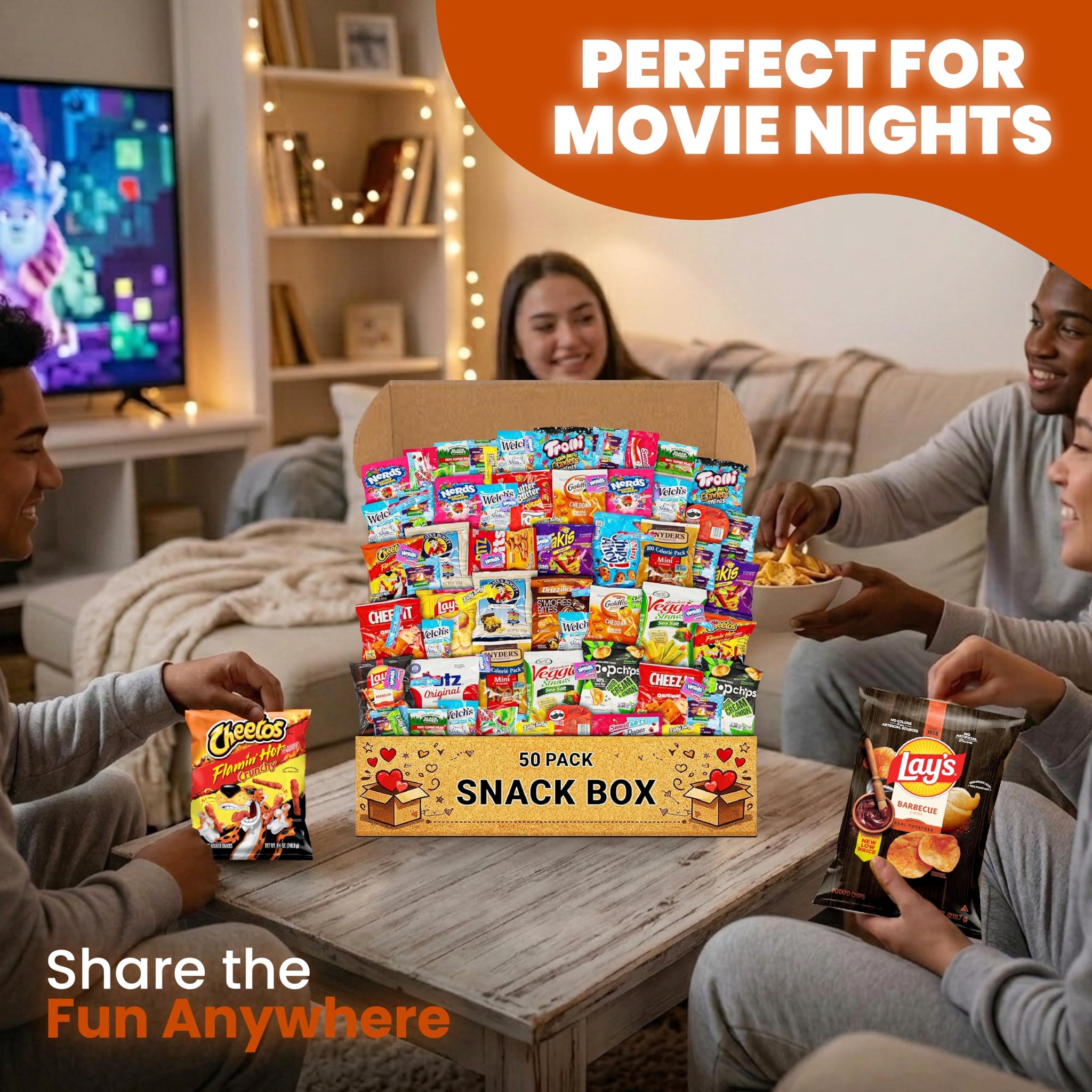 Snack Variety Care Package Gift Box, 50 Count Ready To Gift Assorted Snacks With Cookies Chips Bars Popcorn Crackers For Adults Kids Office Break