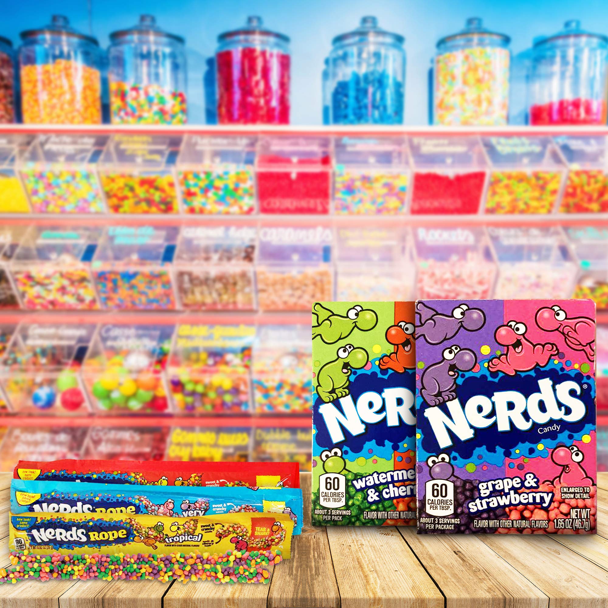Nerds Rope Candy Crave Box - Variety Pack of 3 Very Berry, 3 Rainbow, 3 Tropical Ropes and 3 Nerd Boxes of Strawberry & Grape, 3 Packs of Watermelon