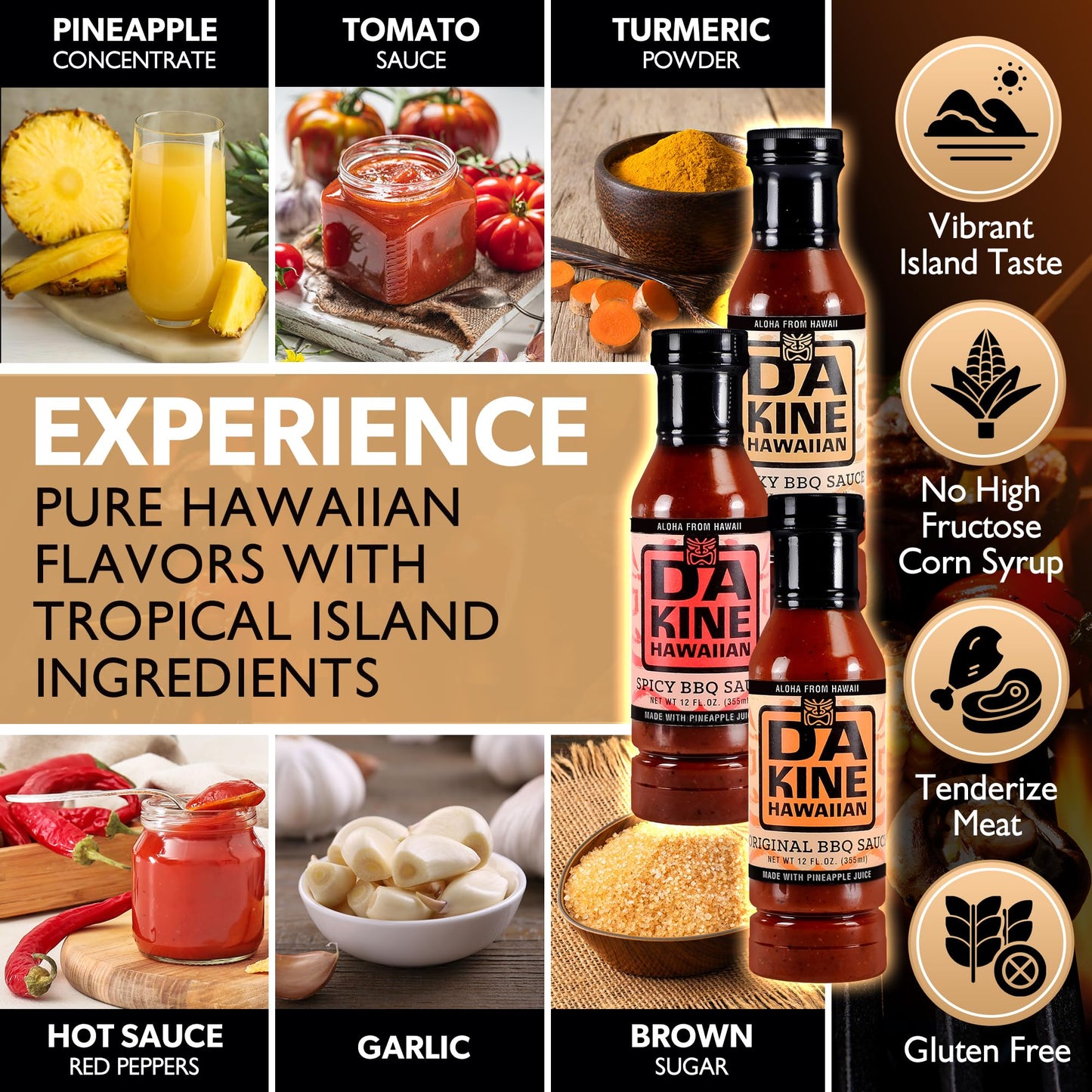 Da Kine Hawaiian BBQ Sauce Gift Set - Original, Smoky & Spicy BBQ Sauce Sampler - Made with Pineapple Juice - Gourmet Barbecue Sauces for Grilling