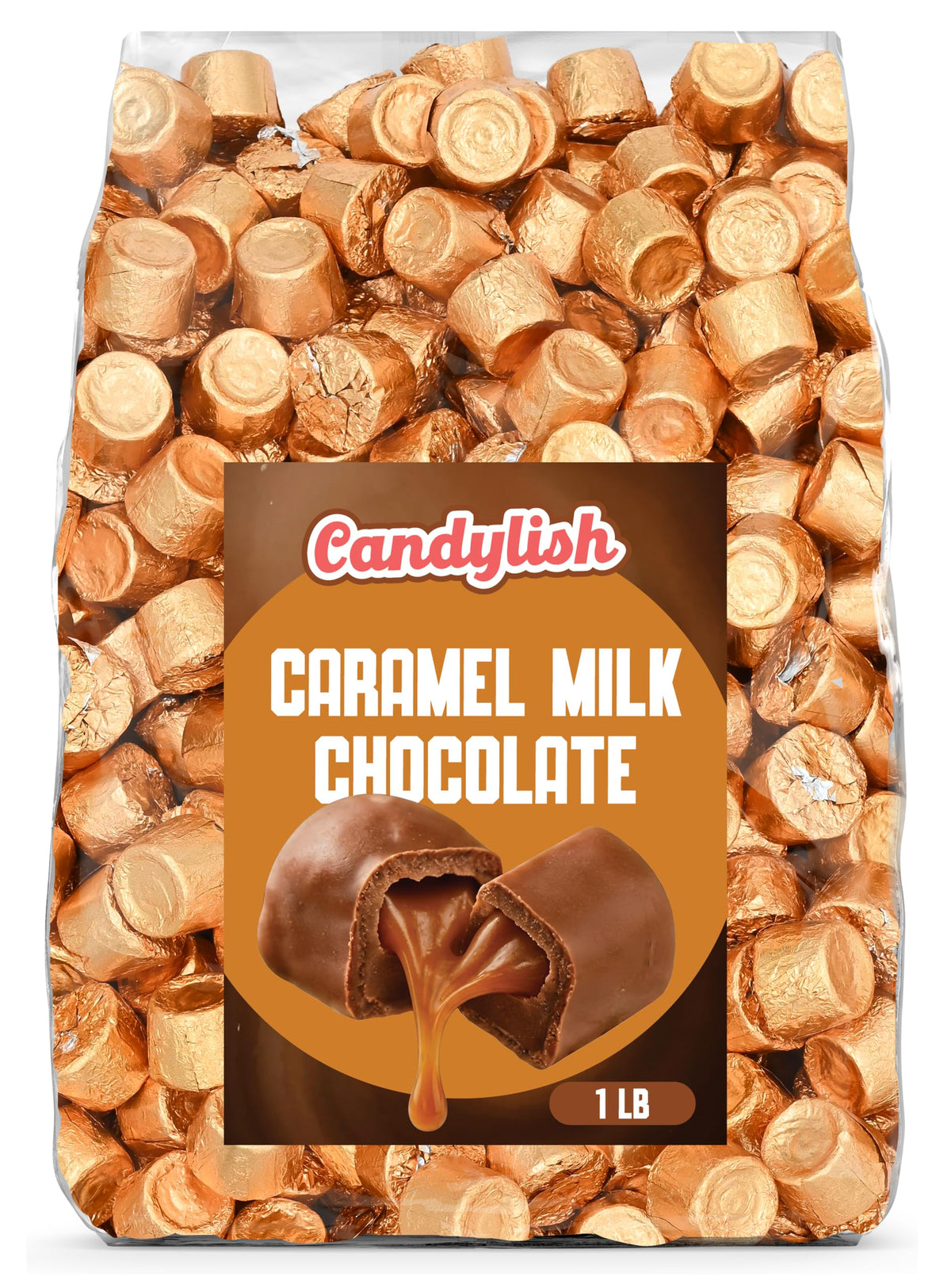 Caramel Milk Chocolate Candy 1lb, Gold Wrapped Sweets for Parties & Gifts