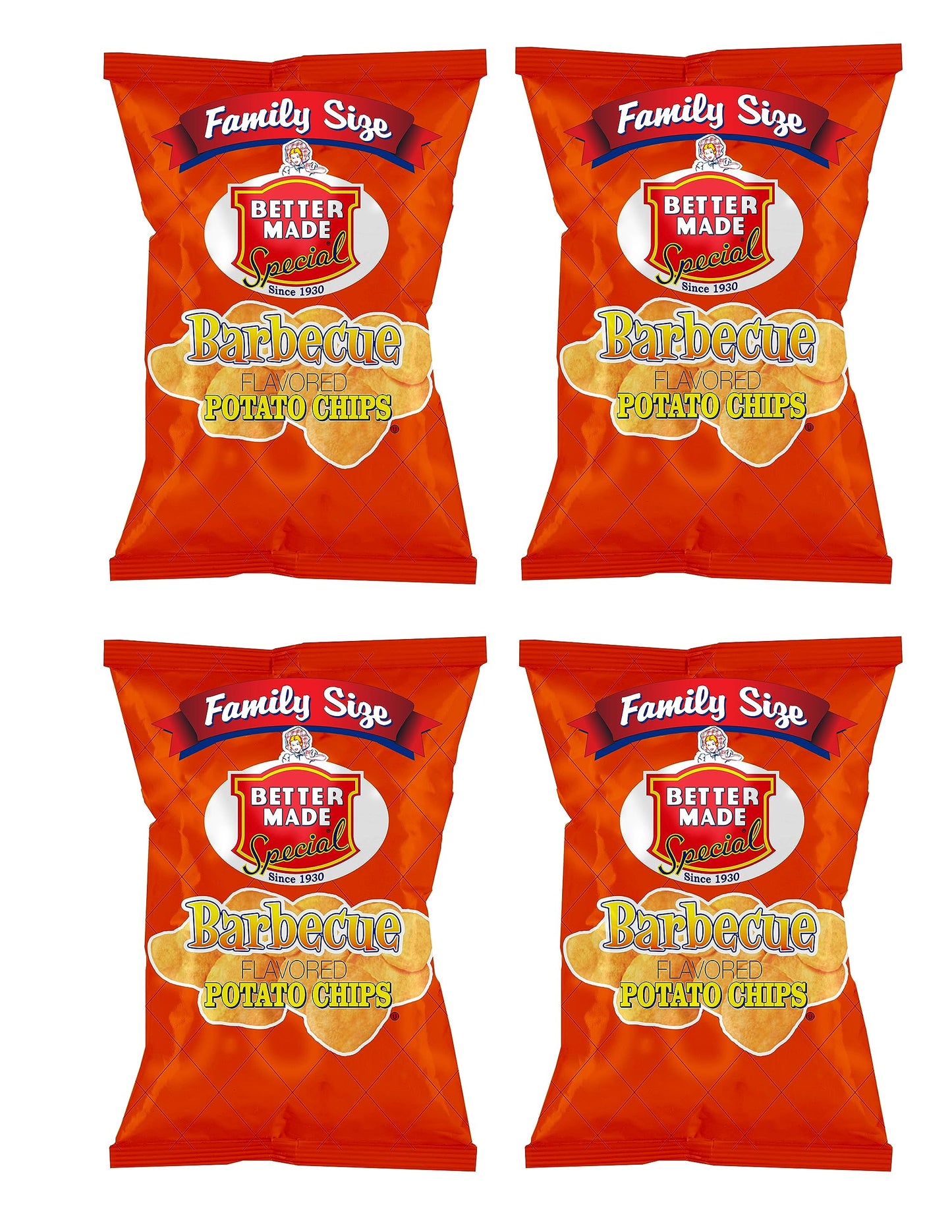 Better Made BBQ Potato Chips - Four (4) Pack - 8.5-9 oz Family Size Bags - Crispy, Crunchy, Salty Snacks Made From Fresh Potatoes - Gluten Free