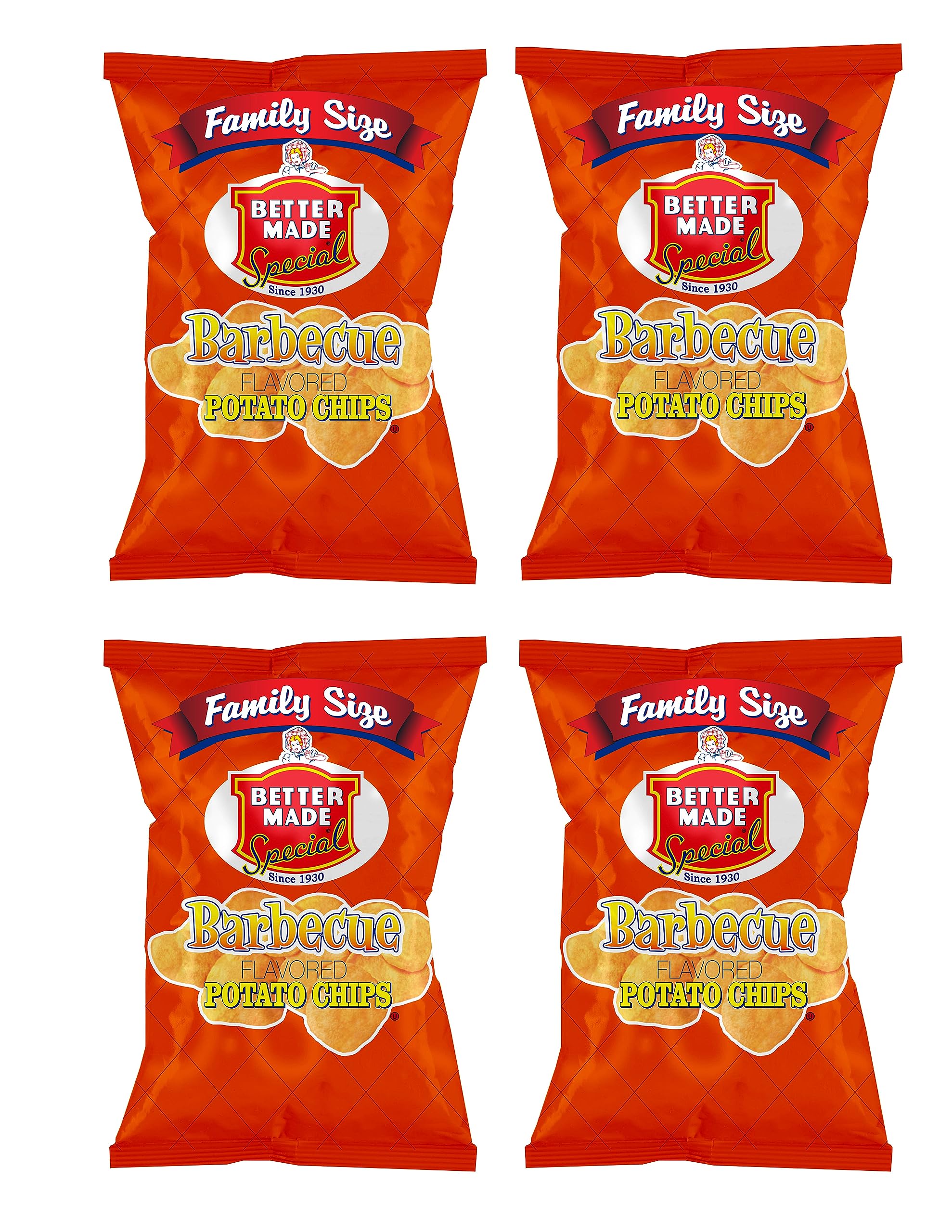 Better Made BBQ Potato Chips - Four (4) Pack - 8.5-9 oz Family Size Bags - Crispy, Crunchy, Salty Snacks Made From Fresh Potatoes - Gluten Free