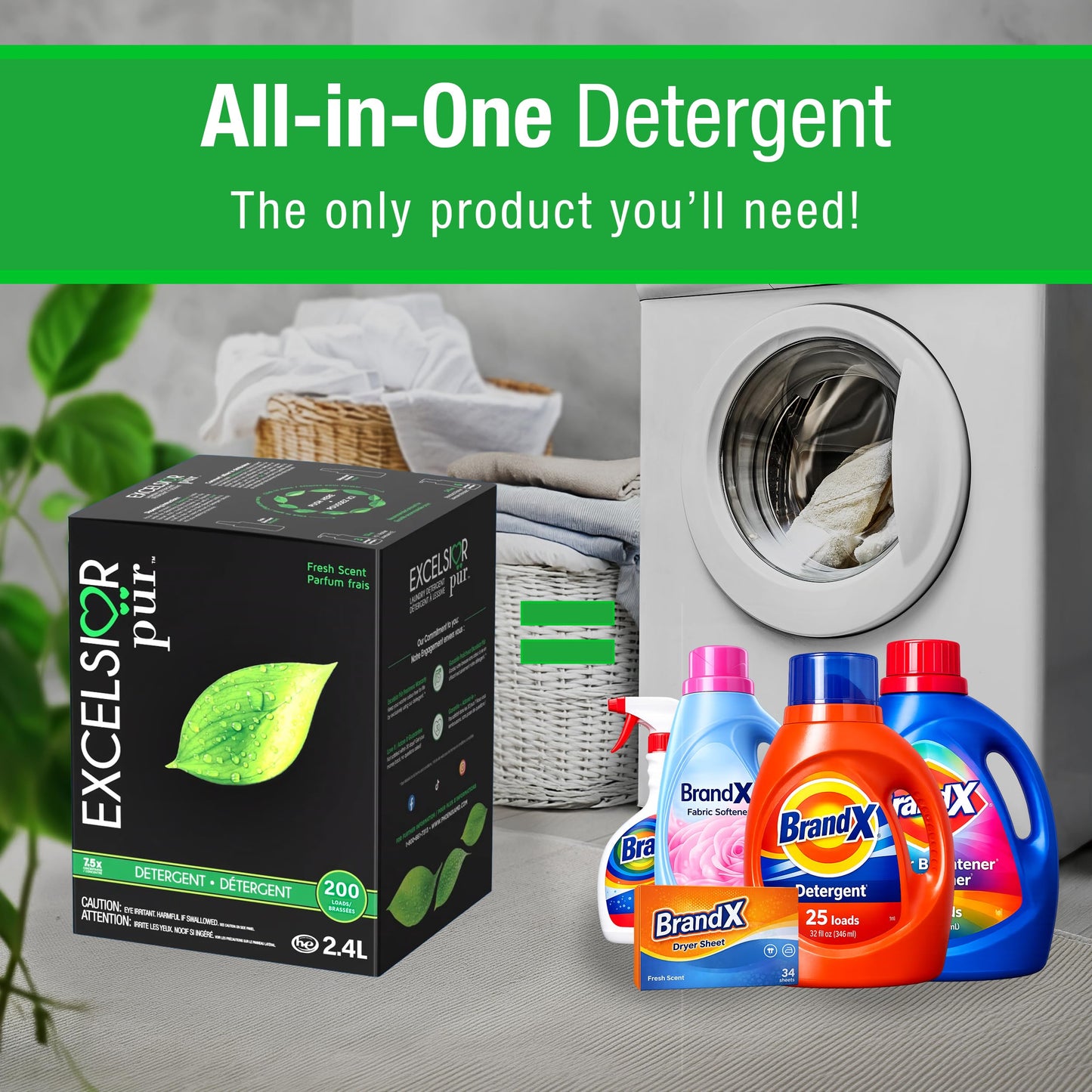 Excelsior Pür Liquid Laundry Detergent, 7.5x Concentrated, Fresh Scent 2.4 L, 200 Loads, HE Laundry Soap with Stain Remover with Eco Dispenser