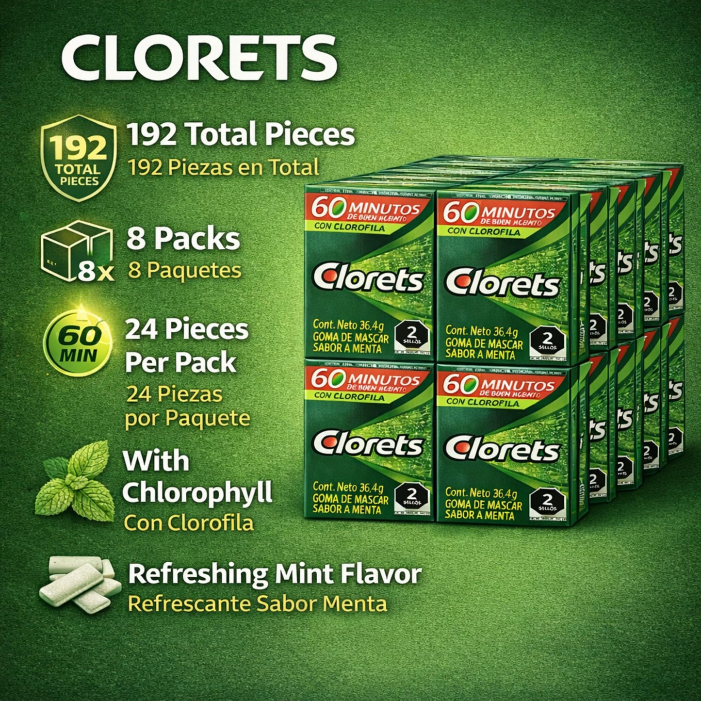 Clorets Chewing Gum Bulk - 8 Pack, 24 Pieces Each, Fresh Mint Gum With Chlorophyll, Extra Gum Pack for Long-Lasting Freshness, Ideal for Chewing Gum