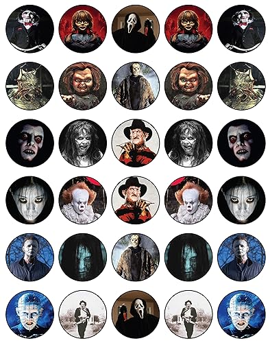 30 x Edible Cupcake Toppers Themed of Scary Horror Films Collection of Edible Cake Decorations | Uncut Edible on Wafer Sheet
