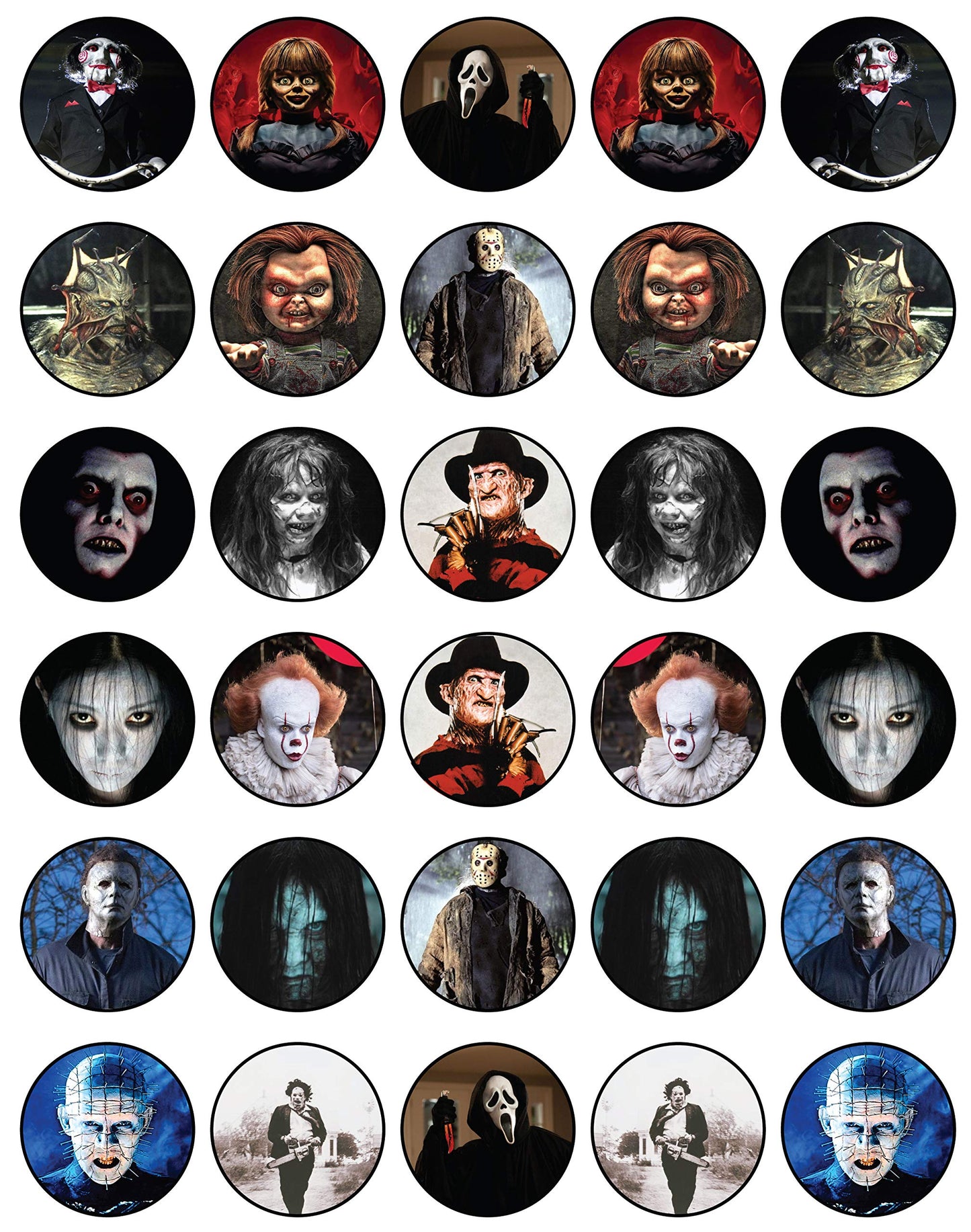 30 x Edible Cupcake Toppers Themed of Scary Horror Films Collection of Edible Cake Decorations | Uncut Edible on Wafer Sheet