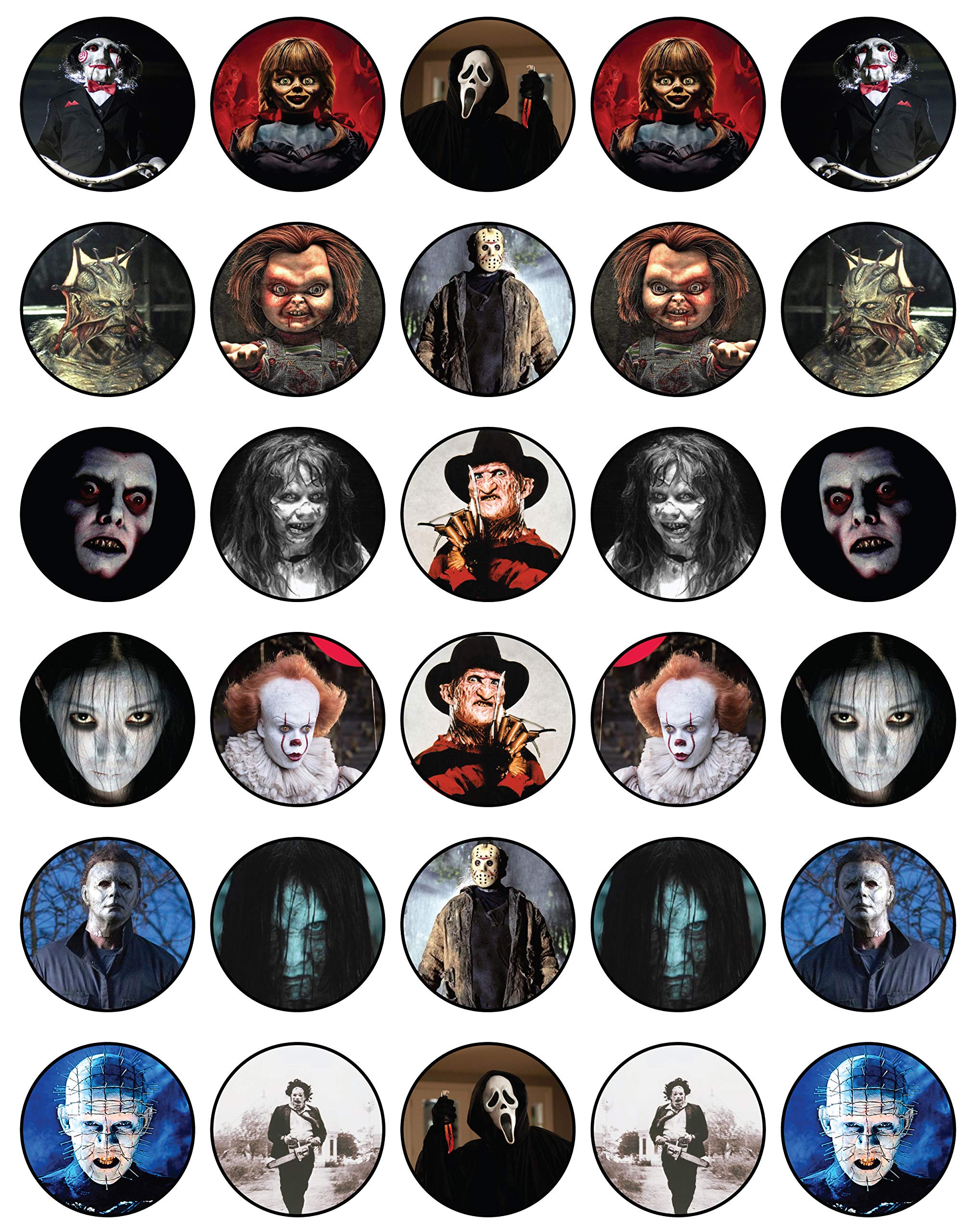 30 x Edible Cupcake Toppers Themed of Scary Horror Films Collection of Edible Cake Decorations | Uncut Edible on Wafer Sheet