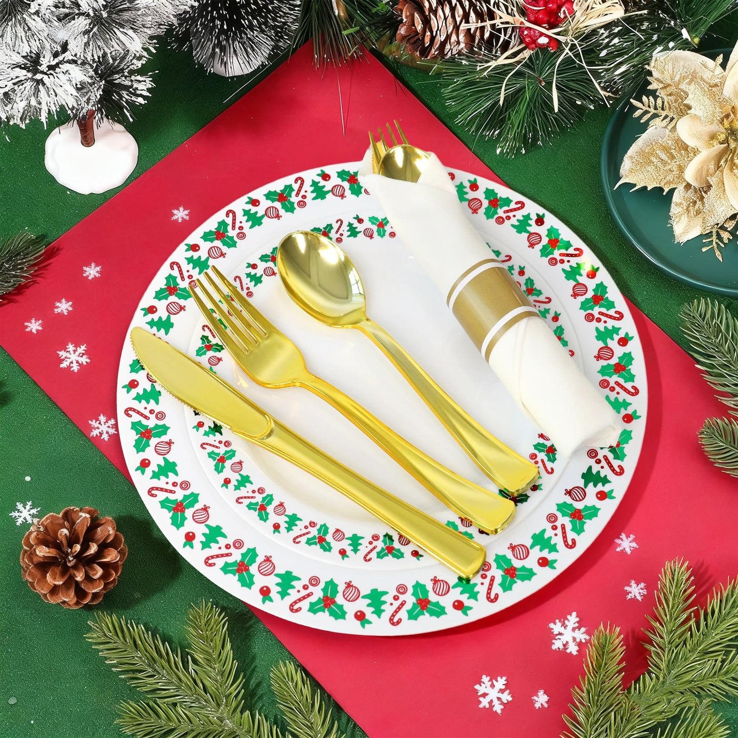 350pcs Christmas Disposable Plates & Cutlery Set - Plastic Plates, Tree Design, Gold Disposable Silverware, Clear Gold Cups for Holiday Celebrations