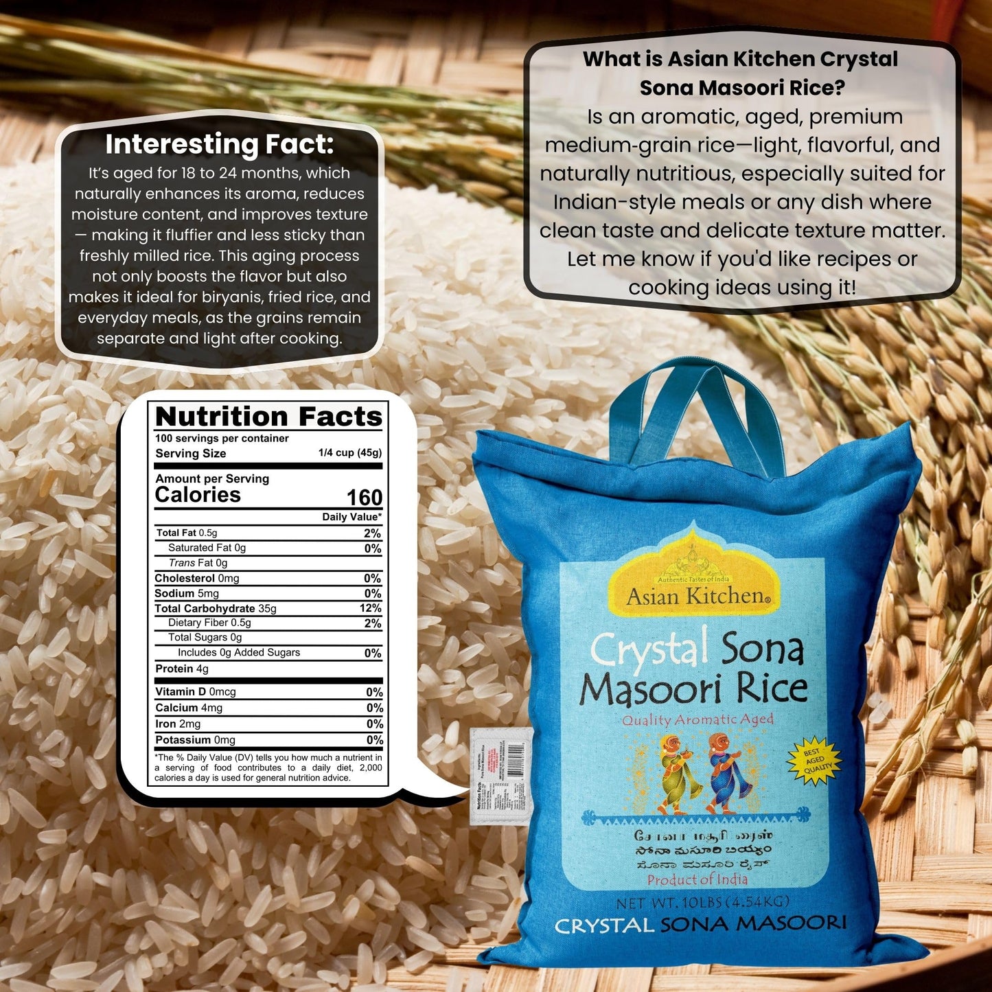 Asian Kitchen Crystal Sona Masoori Aged Rice 10-Pound Bag, 10lbs (4.54kg) Short Grain Rice ~ All Natural | Gluten Friendly | Vegan | Indian Origin |