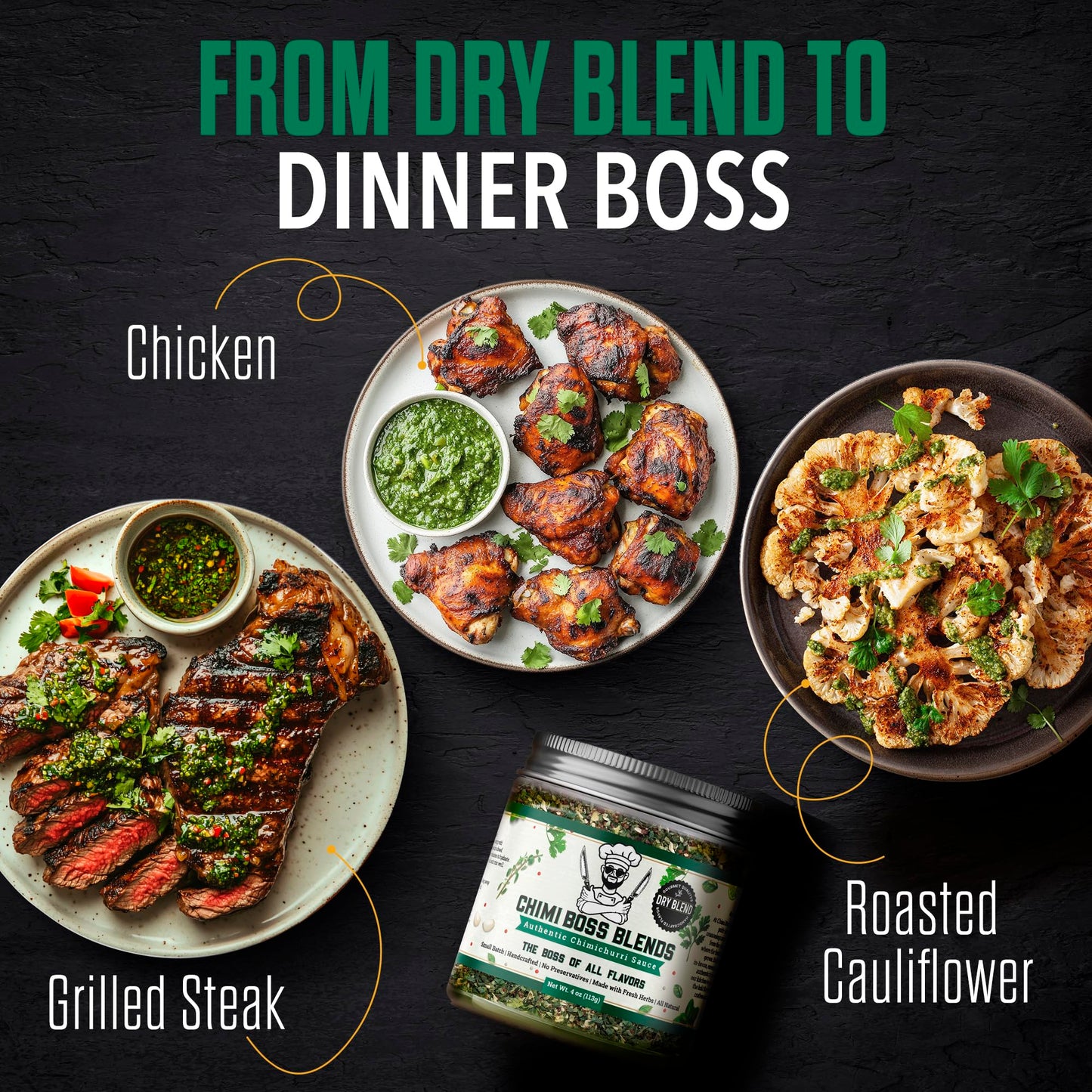 Chimi Boss Blends Chimichurri Original Dry Seasoning, 4 oz - Argentinian Herb & Garlic Rub with Parsley & Chili Flakes - All Natural Seasoning or DIY