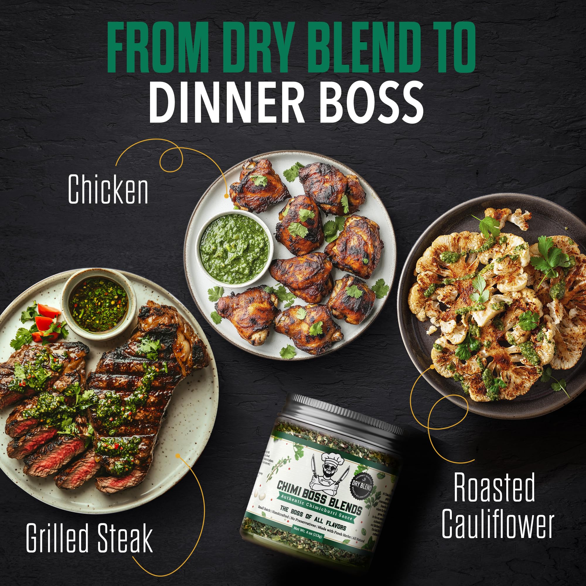 Chimi Boss Blends Chimichurri Original Dry Seasoning, 4 oz - Argentinian Herb & Garlic Rub with Parsley & Chili Flakes - All Natural Seasoning or DIY
