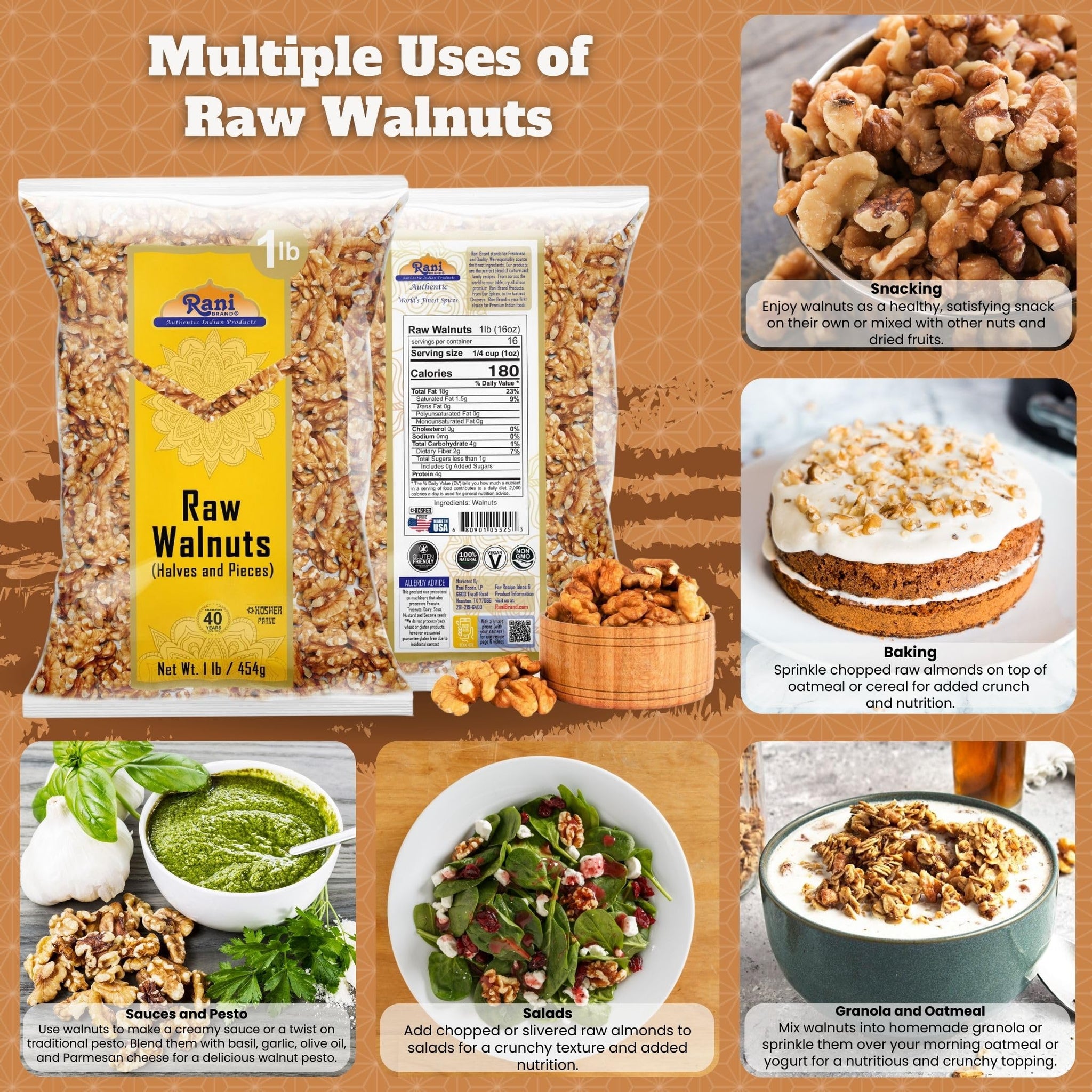 Rani Raw Walnuts, Halves and Pieces 16oz (1lb) 454g ~ All Natural | Vegan | Gluten Friendly | Fresh Product of USA