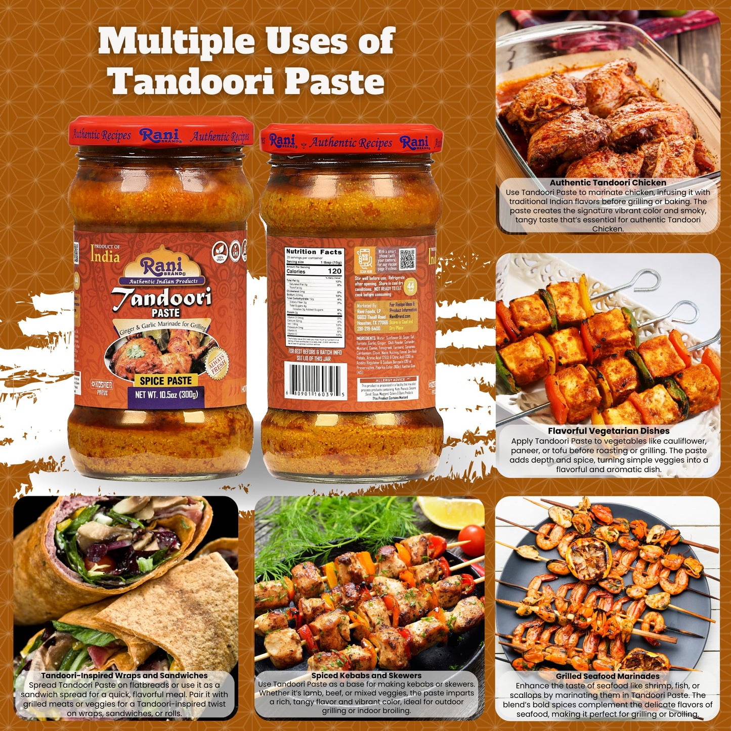 Rani Tandoori Paste (No Colors) 10.5oz (300g) Glass Jar ~ For Tandoori Chicken, Chicken Tikka, Paneer Tikka | All Natural | NON-GMO | Kosher | Vegan |