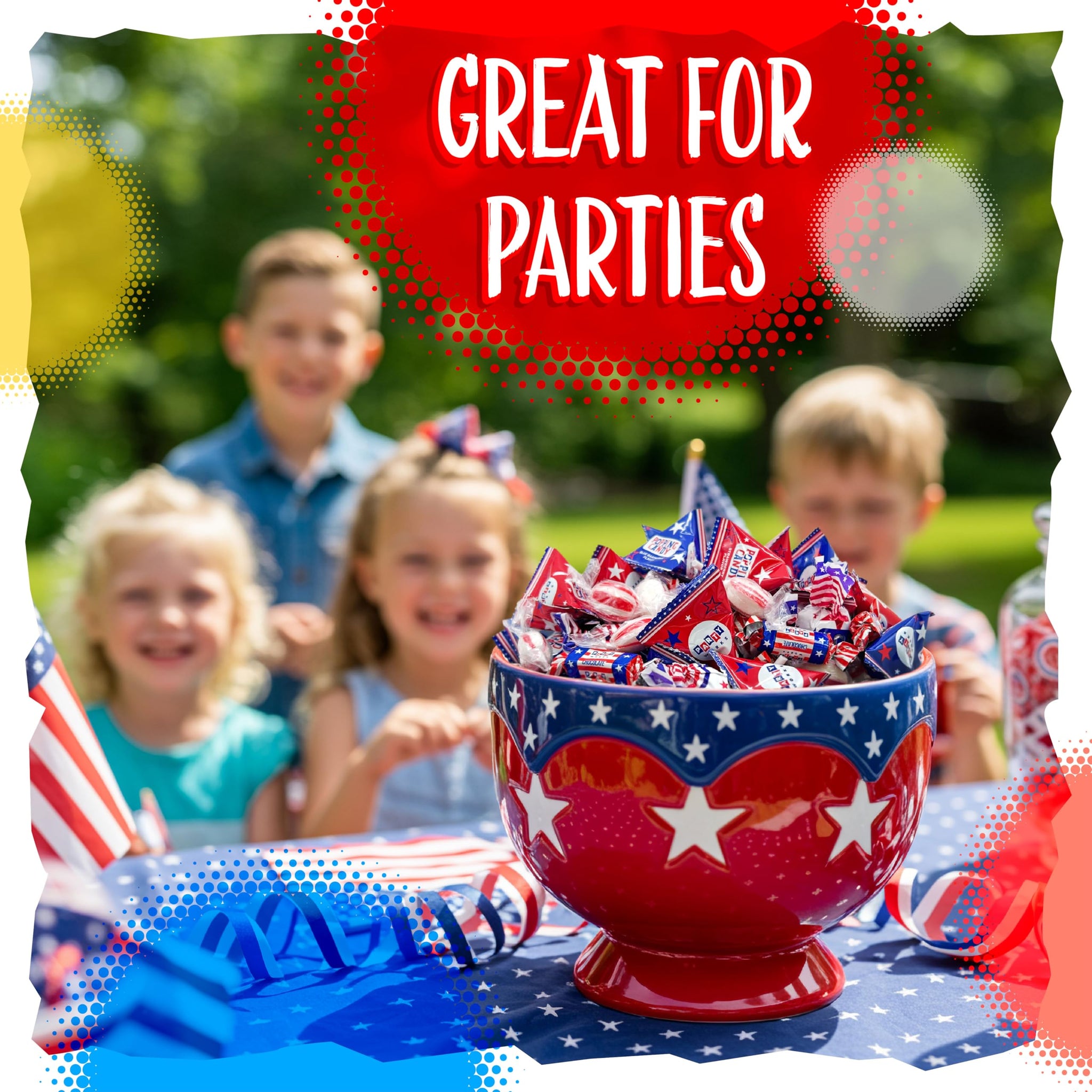 Patriotic Candy | 3-Pound Bag | 4th of July Candy Assortment Individually Wrapped | Popping Rocks, Lollipops, Chocolate Caramel Taffies