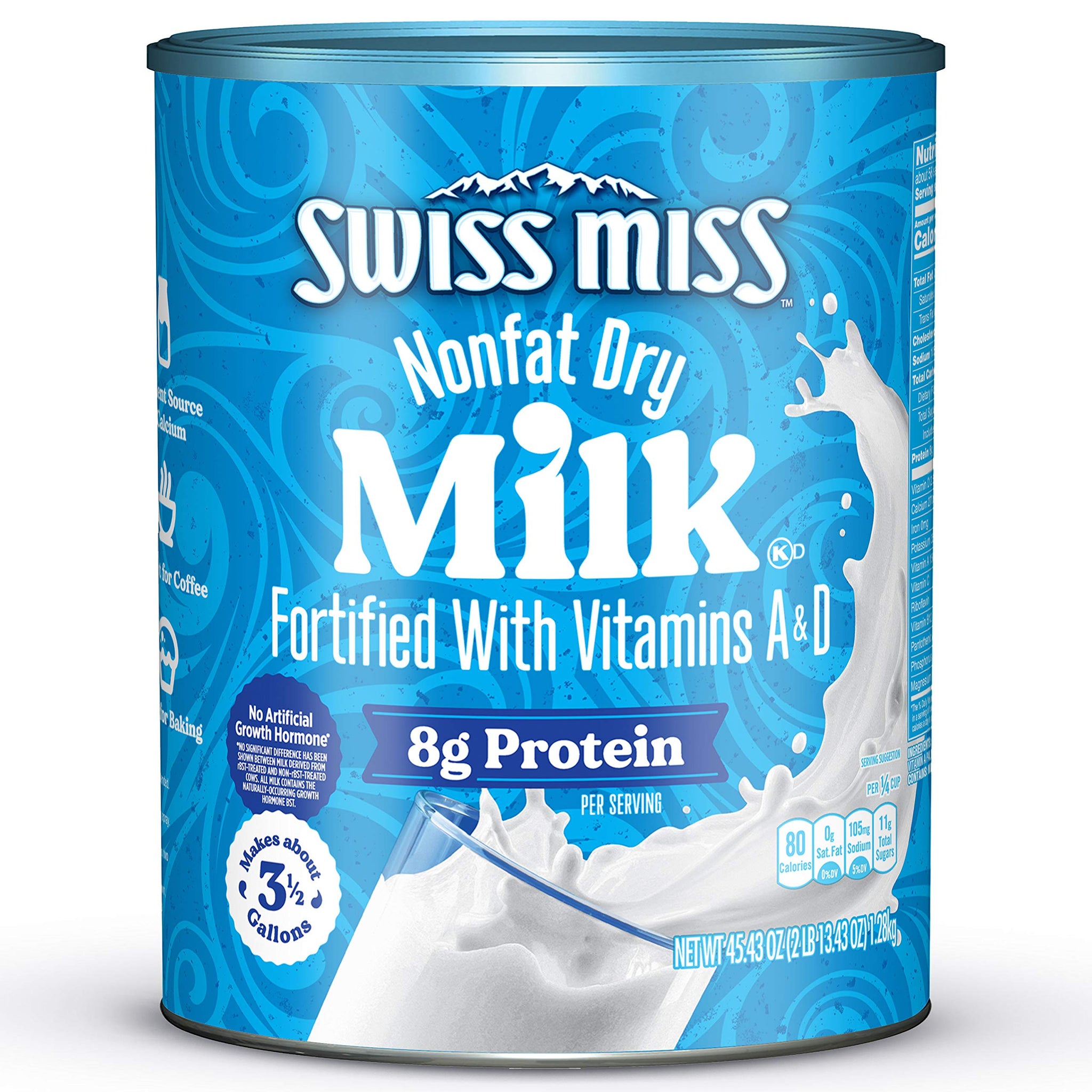 Swiss Miss Shelf Stable Nonfat Dry Powdered Milk, Hot Cocoa Bar Supplies, 45.43 oz. Canister - Fortified with Vitamins A and D, Excellent Source of Calcium
