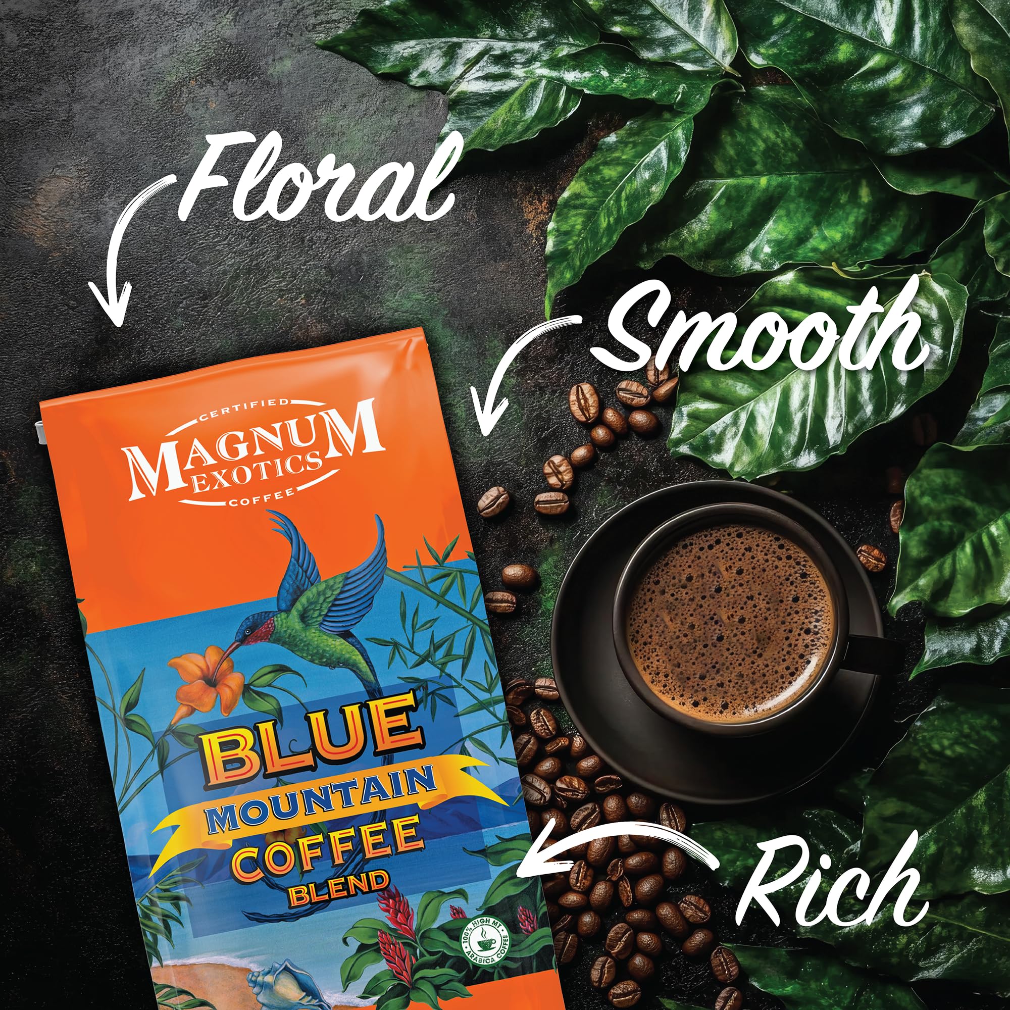 Magnum Exotics Coffee, Blue Mountain Blend - Medium-Light Roast, Whole Bean, Made from 100% Arabica Beans, Rich & Smooth Flavor, Fresh Roast - Blue