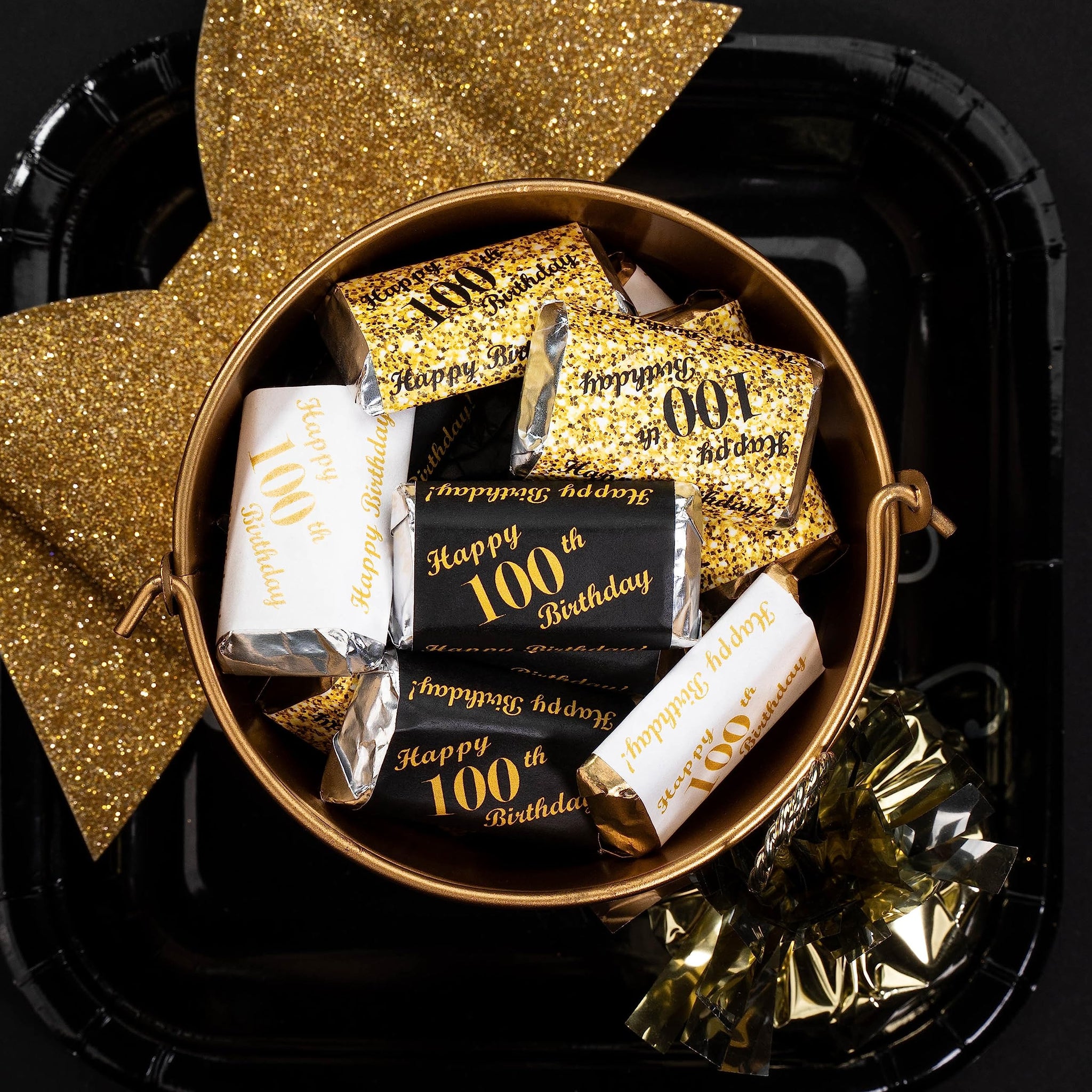 100th Birthday Miniatures Candy Bar Wrapper, (Set of 60) Mini Candy Bar Stickers; 3 Designs: 24 Gold, 24 Black, 12 White, Candy Not Included. Made in