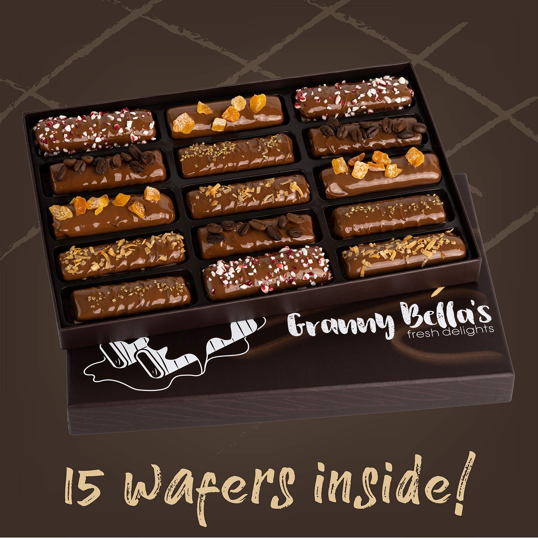 Granny Bellas Mothers Day 15 Chocolate Wafers Gift Baskets, Gourmet Cookies, Candy Gifts Treats for Mother, Mom, Grandmother, Grandma, Wife, Daughter