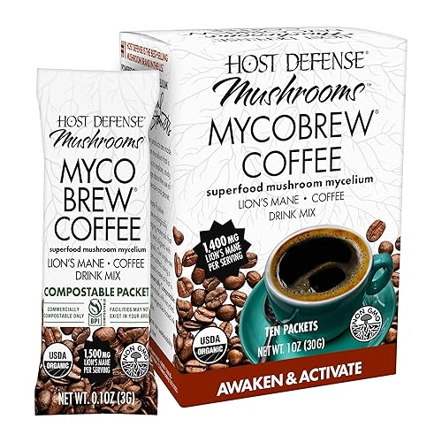 Host Defense MycoBrew Coffee - Instant Drink Mix - Includes Lion's Mushroom - Drink Mix with 100% Arabica Instant Coffee - Awaken and Activate, 10