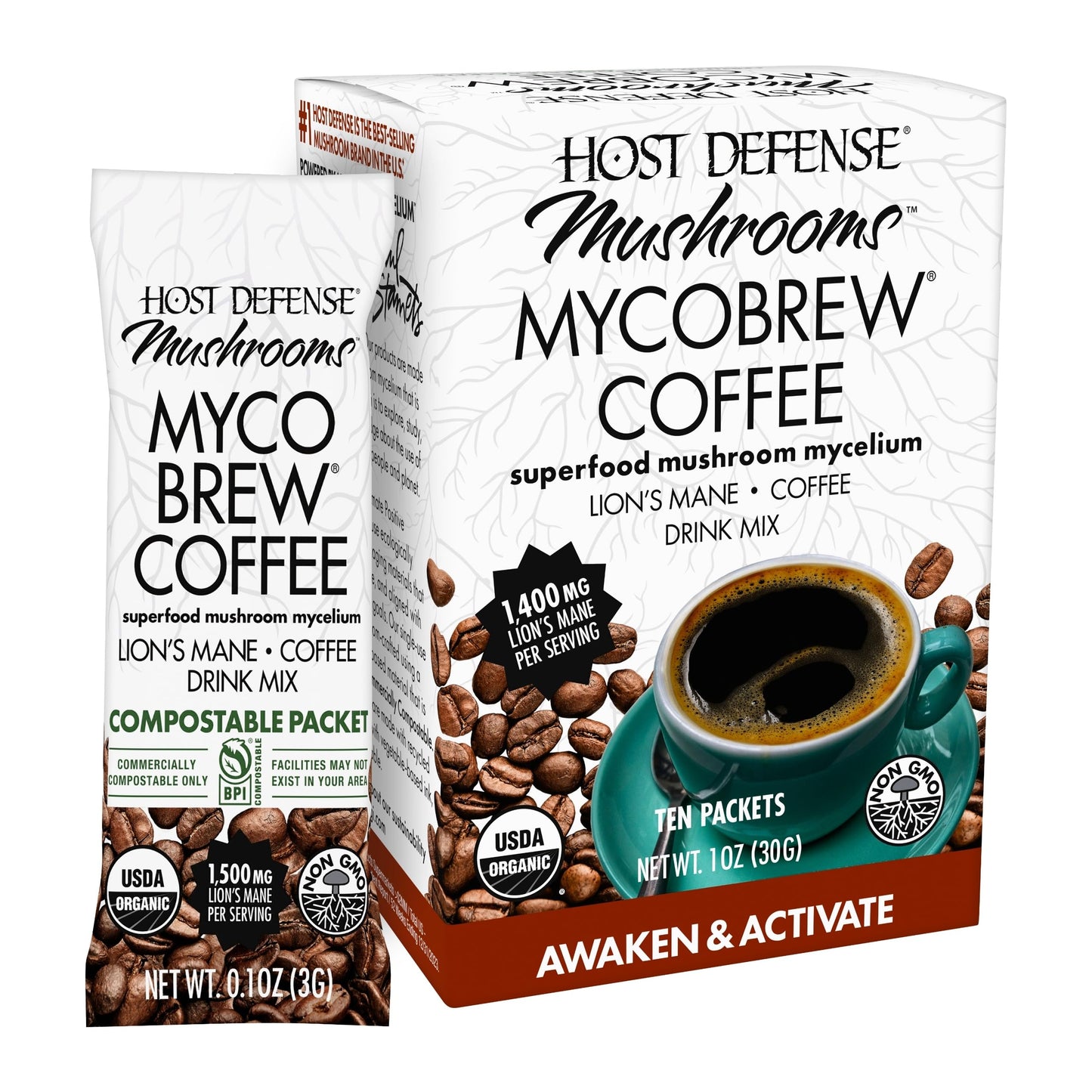 Host Defense MycoBrew Coffee - Instant Drink Mix - Includes Lion's Mushroom - Drink Mix with 100% Arabica Instant Coffee - Awaken and Activate, 10