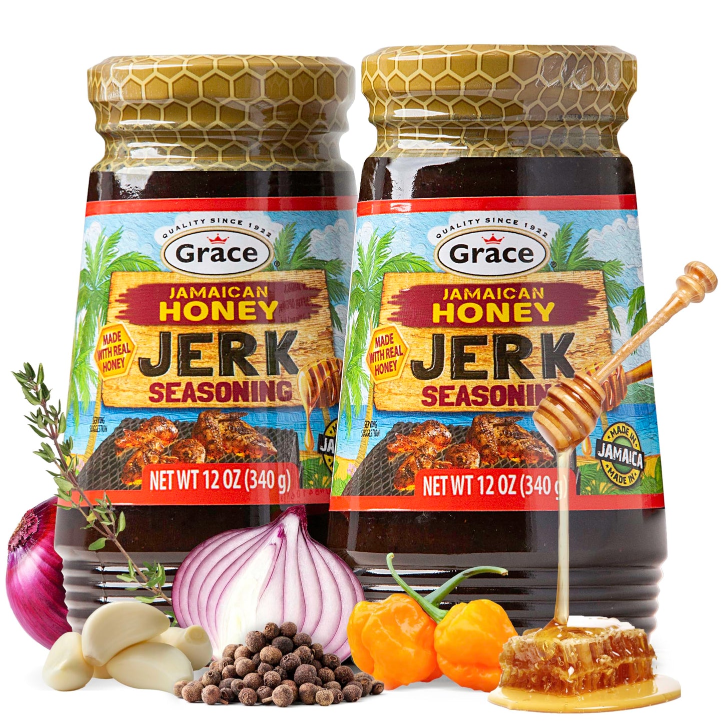 Grace Jamaican Honey Jerk Seasoning (Two 12 Oz Jars) - Caribbean Jerk Mix for Chicken & Oxtail