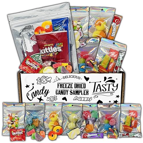 Fun Flavors Box Freeze Dried Candy 7 Bag Sampler Variety Pack, Unique Candy Gift Box- Crunchy and Airy or Chewy and Sticky- Taste the Transformation