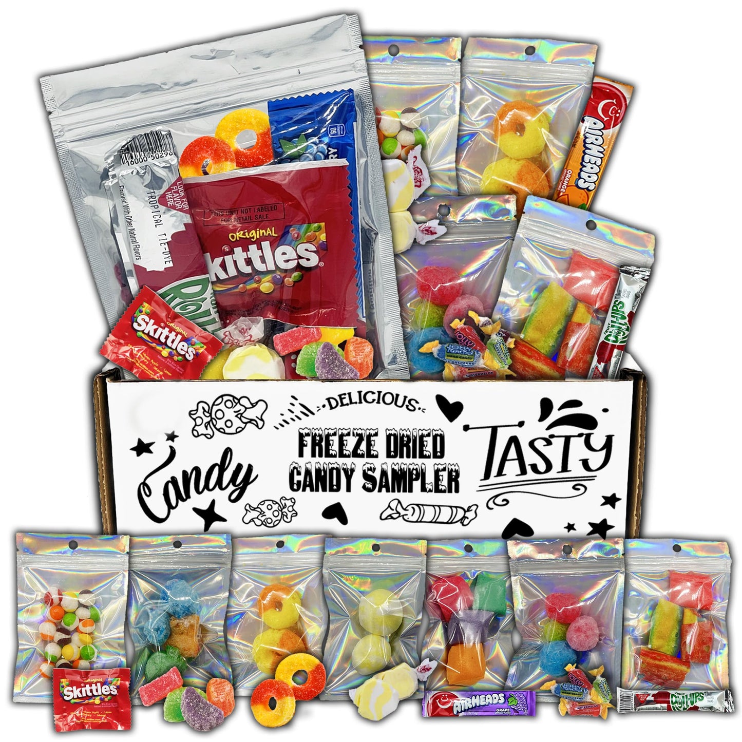 Fun Flavors Box Freeze Dried Candy 7 Bag Sampler Variety Pack, Unique Candy Gift Box- Crunchy and Airy or Chewy and Sticky- Taste the Transformation