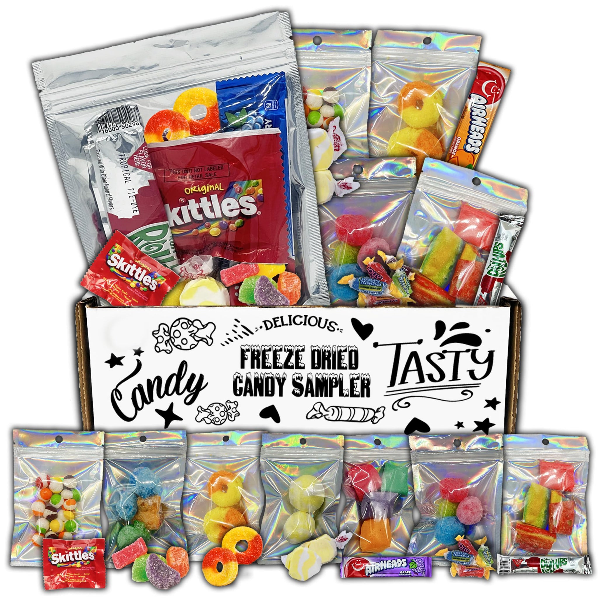 Fun Flavors Box Freeze Dried Candy 7 Bag Sampler Variety Pack, Unique Candy Gift Box- Crunchy and Airy or Chewy and Sticky- Taste the Transformation