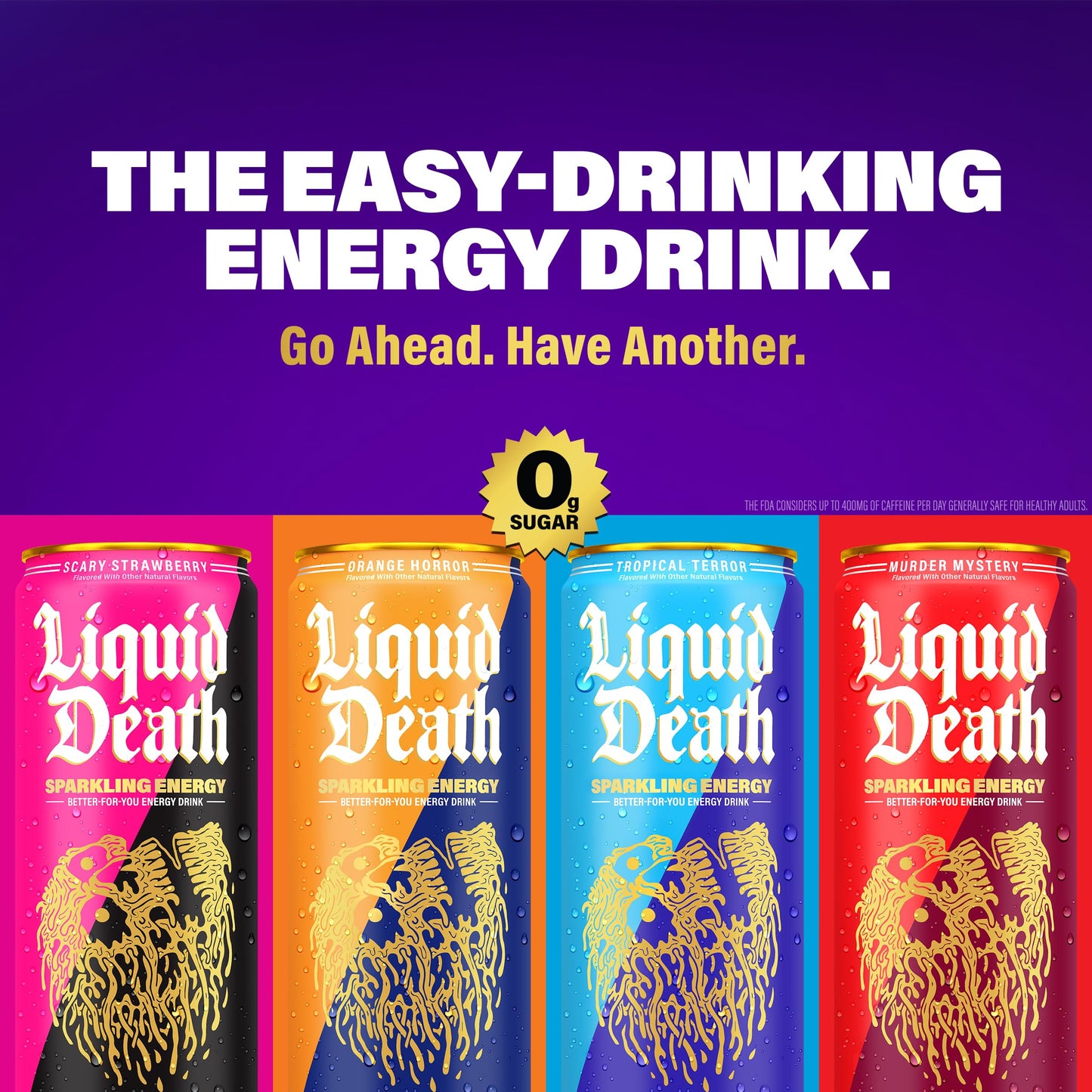 Liquid Death Sparkling Energy - Murder Mystery (Cherry, Cream, Spice), Zero Sugar Energy Drink, Unextreme Caffeine 100mg, Essential Vitamins, 12 Fl Oz
