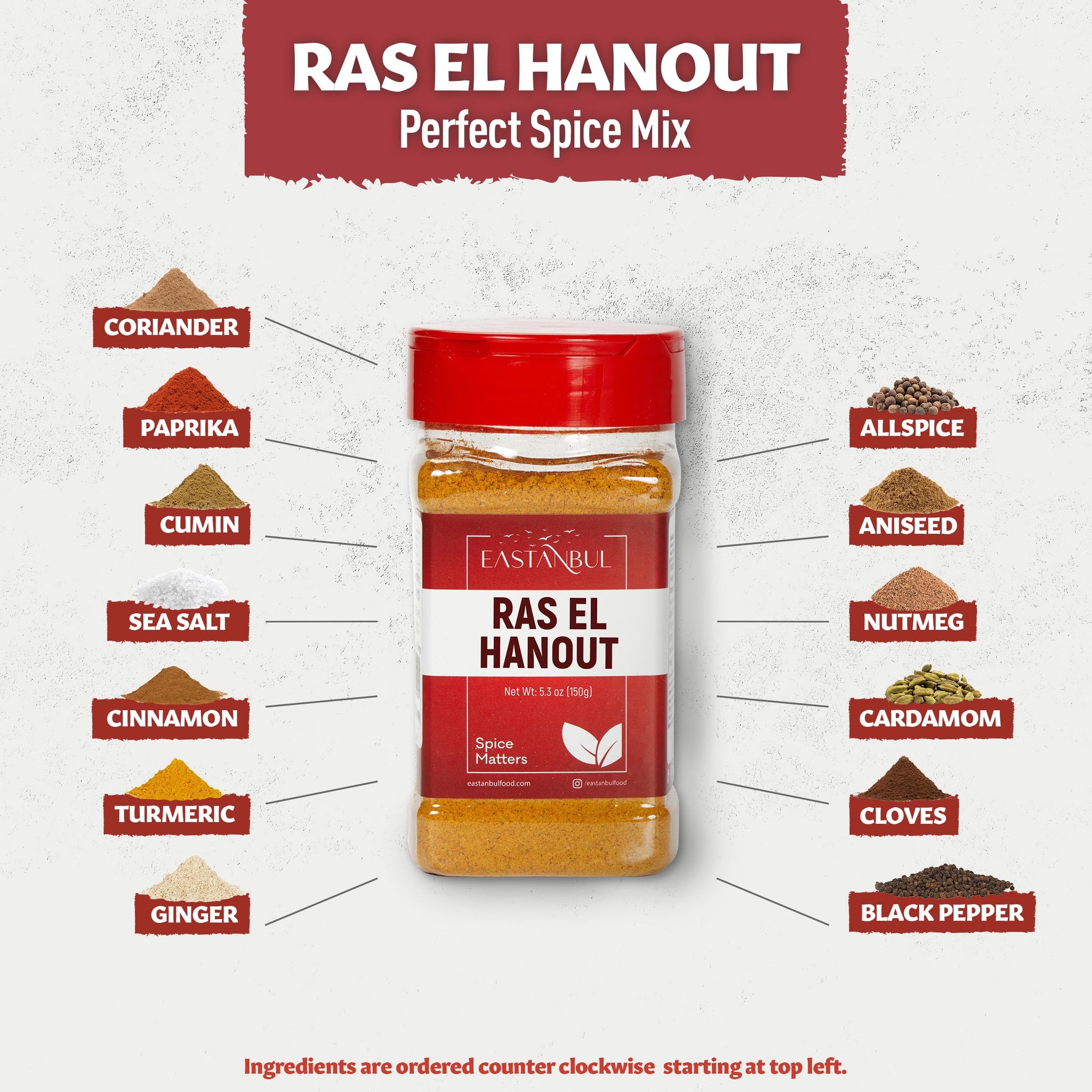 Eastanbul Ras El Hanout Spice, 5.3oz, Meat Seasoning, All-in-One Ras El Hanout Moroccan Spice Blend, North African Baharat Blend, Farm Fresh