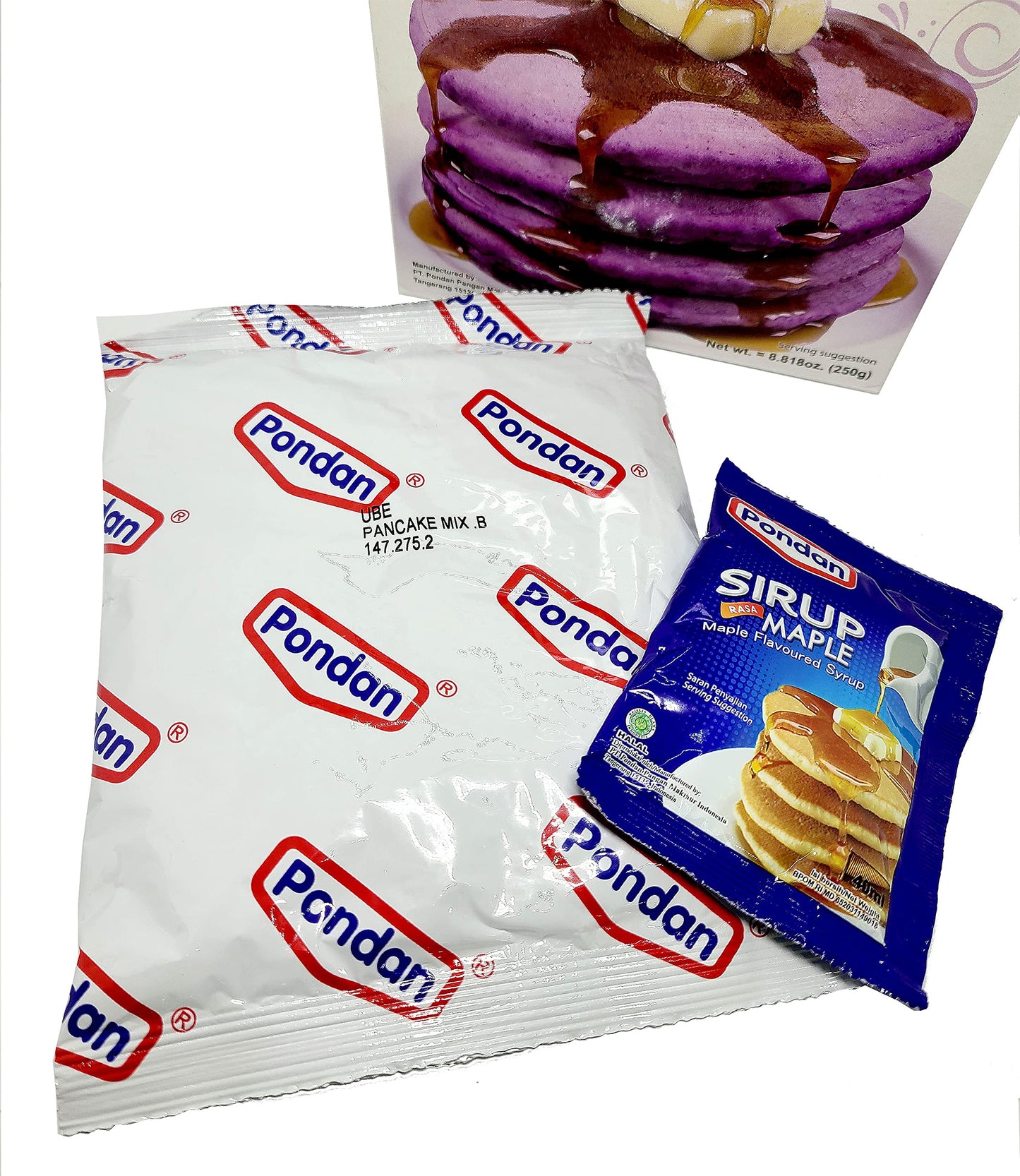 Pondan Ube Pancake Mix with Maple Flavored Syrup Set 8.818 Oz. (250 g) X 2 with Mini Stainless Steel Wire Whisk (3-Pc Set)